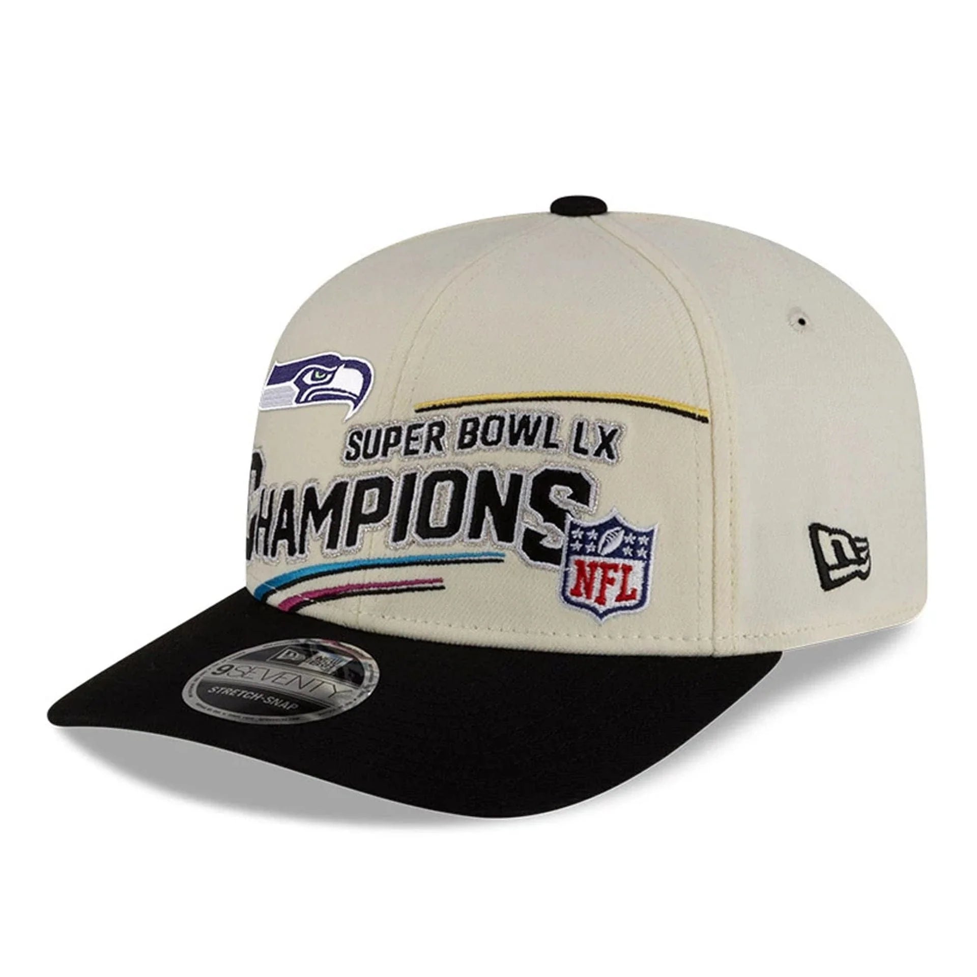 Casquette snapback extensible Seattle Seahawks NFL New Era pour homme, couleur crème, modèle 9SEVENTY Super Bowl LX Champions.