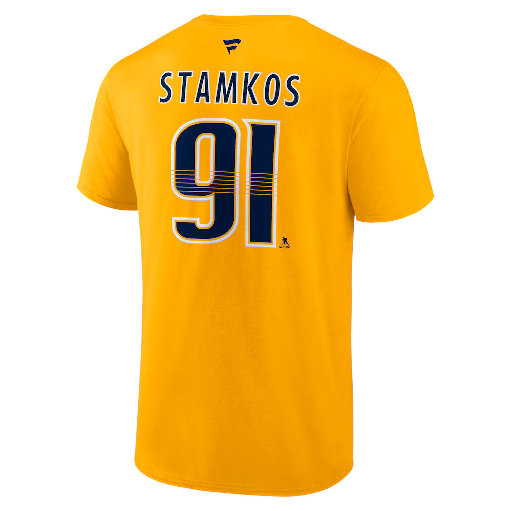 T-shirt authentique pour homme de marque Steven Stamkos Nashville Predators NHL Fanatics jaune or