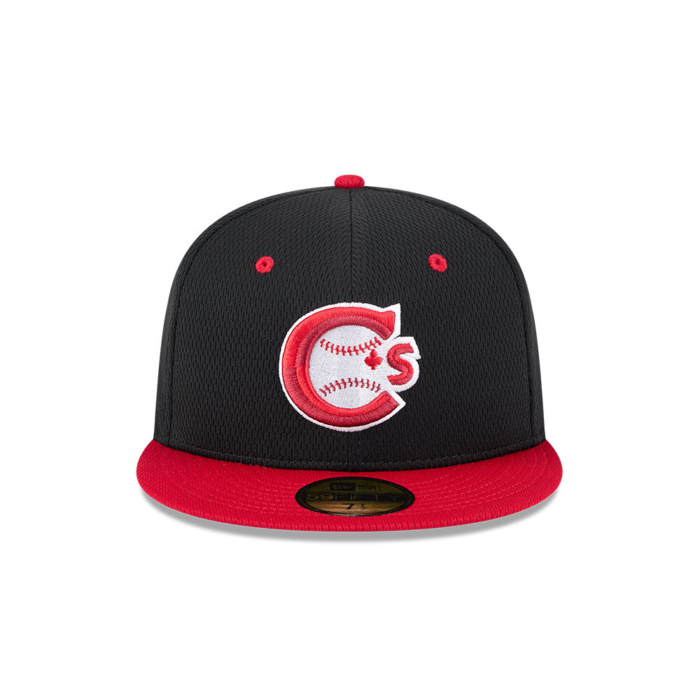 Casquette d'entraînement au bâton New Era 59Fifty noire/rouge pour homme des Canadiens de Vancouver MiLB