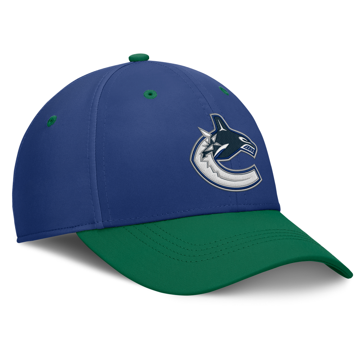 Vancouver Canucks NHL Fanatics Branded Men's Royal Blue/Green Authentic Pro Rink Stretch Fit Hat