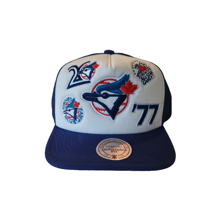 Toronto Blue Jays MLB Mitchell & Ness Men's White Gridlock Trucker Adjustable Fit Snapback Hat