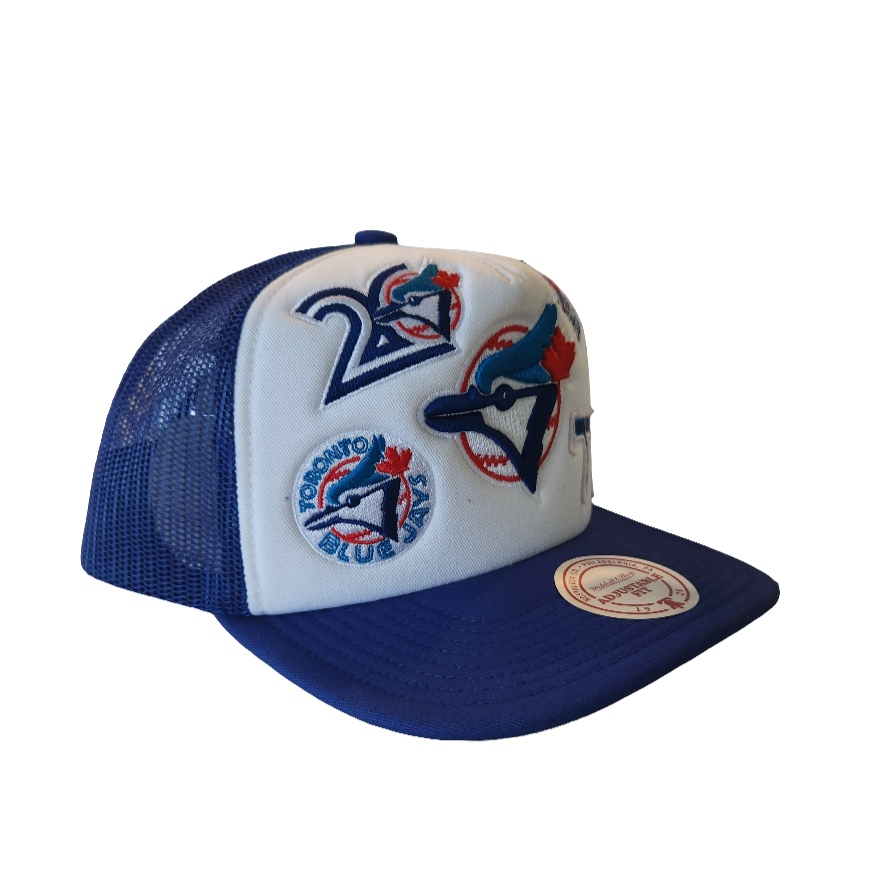 Toronto Blue Jays MLB Mitchell & Ness Men's White Gridlock Trucker Adjustable Fit Snapback Hat