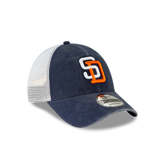 San Diego Padres MLB New Era Casquette réglable bleu marine 9Forty Cooperstown Washed Trucker pour hommes