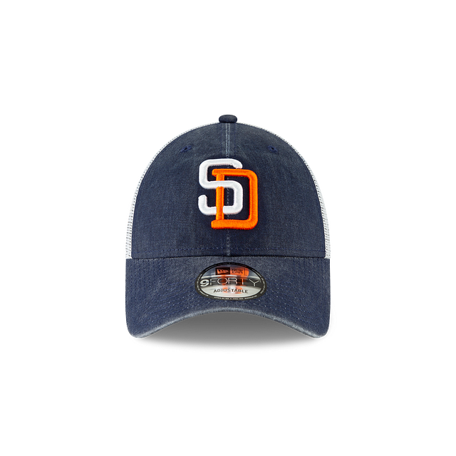 San Diego Padres MLB New Era Casquette réglable bleu marine 9Forty Cooperstown Washed Trucker pour hommes