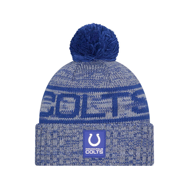Bonnet à pompon tricoté bleu pour homme Indianapolis Colts NFL New Era, collection Sideline Sport 2025