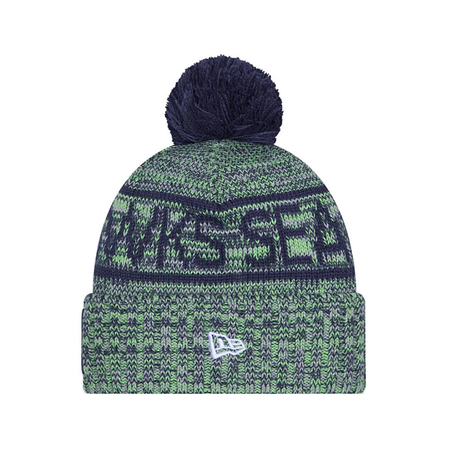 Bonnet à pompon tricoté Seattle Seahawks NFL New Era pour homme, bleu marine/vert, collection 2025.