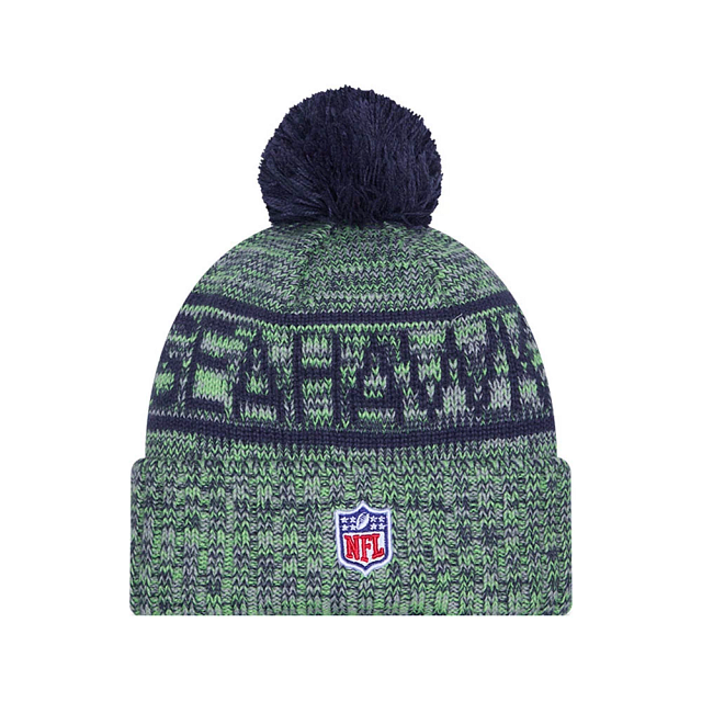 Bonnet à pompon tricoté Seattle Seahawks NFL New Era pour homme, bleu marine/vert, collection 2025.