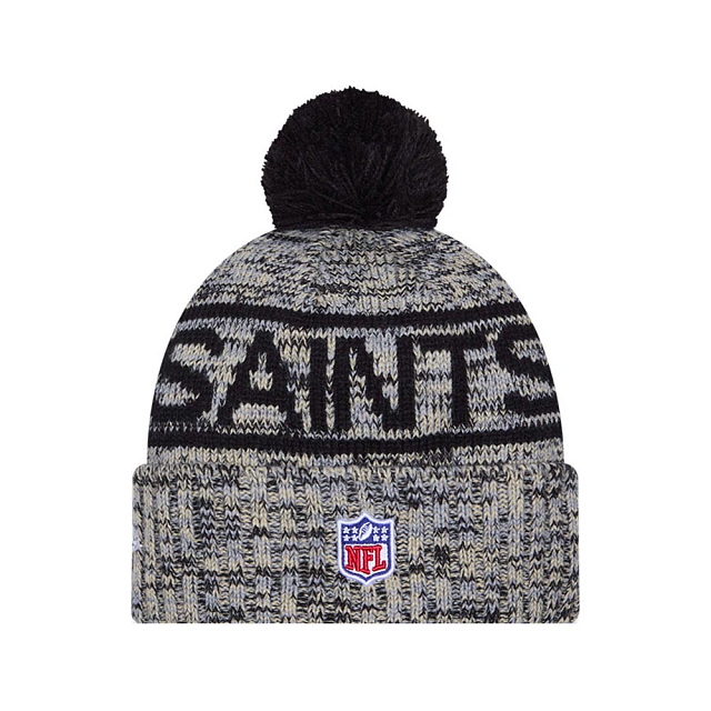 New Orleans Saints NFL New Era Men's Grey/Gold 2025 Sideline Sport Knit Pom Hat