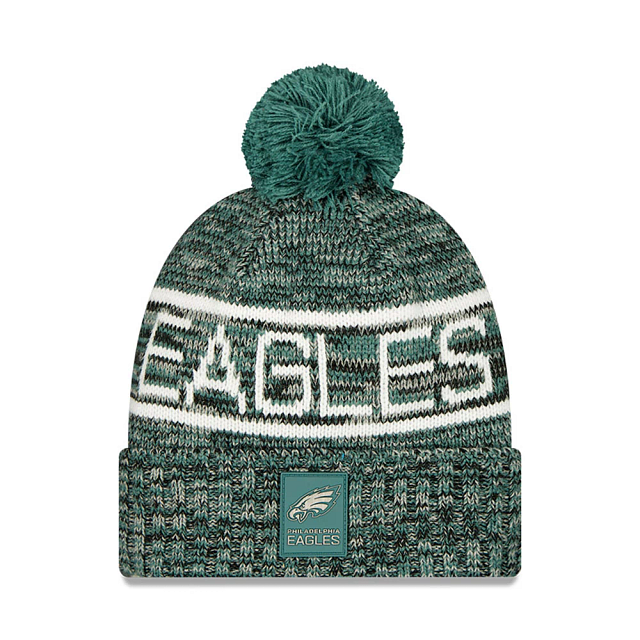 Bonnet à pompon tricoté vert/gris pour homme Philadelphia Eagles NFL New Era 2025 Sideline Sport