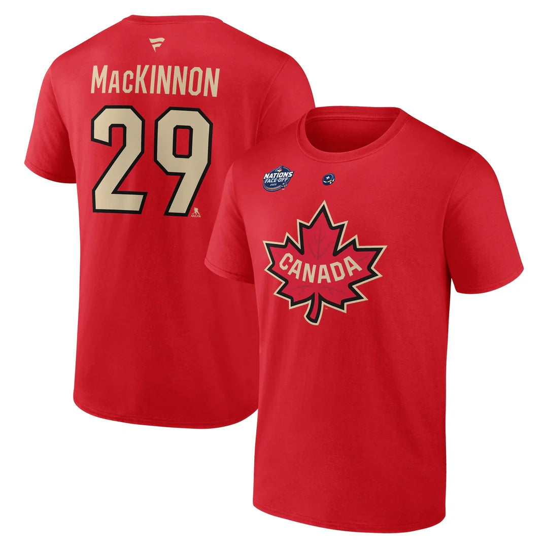 T-shirt authentique rouge de marque Nathan Mackinnon Canada NHL 4 Nations Face-Off pour homme