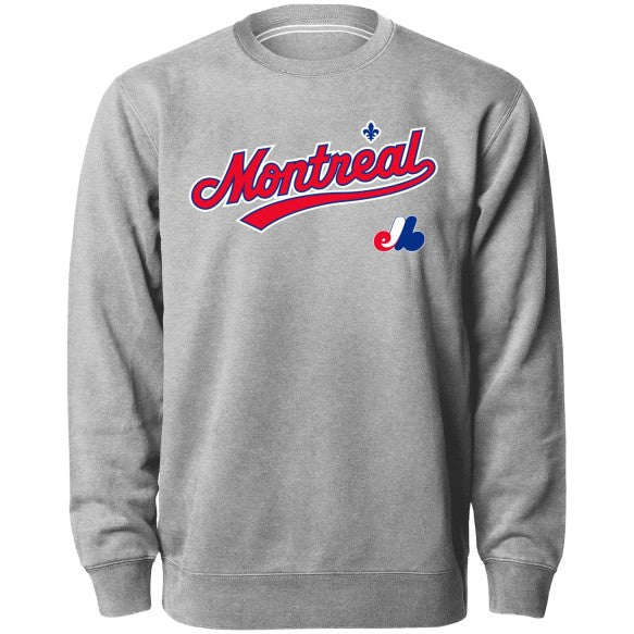 Montreal Expos MLB Bulletin Men's Athletic Grey Cooperstown Twill Applique Crew Sweater