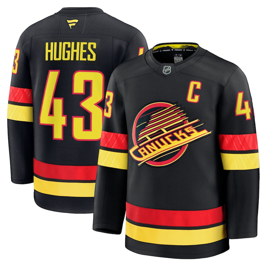 Maillot de marque Quinn Hughes Vancouver Canucks NHL Fanatics pour homme, noir, de qualité supérieure