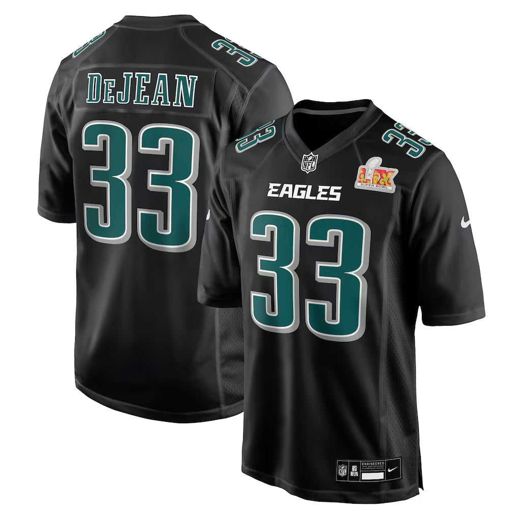 Maillot de joueur de football américain Nike Carbon Black Super Bowl LIX porté par Cooper DeJean, des Eagles de Philadelphie (NFL).