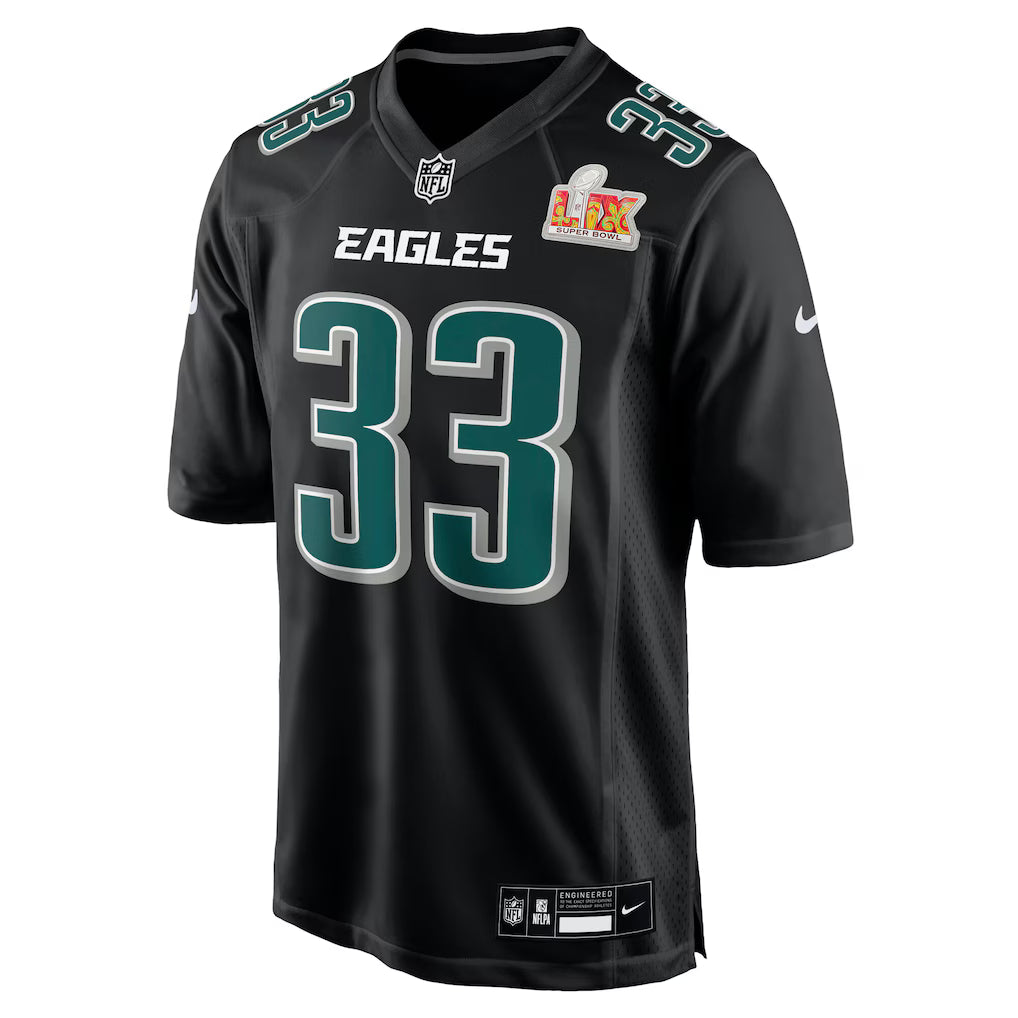 Maillot de joueur de football américain Nike Carbon Black Super Bowl LIX porté par Cooper DeJean, des Eagles de Philadelphie (NFL).