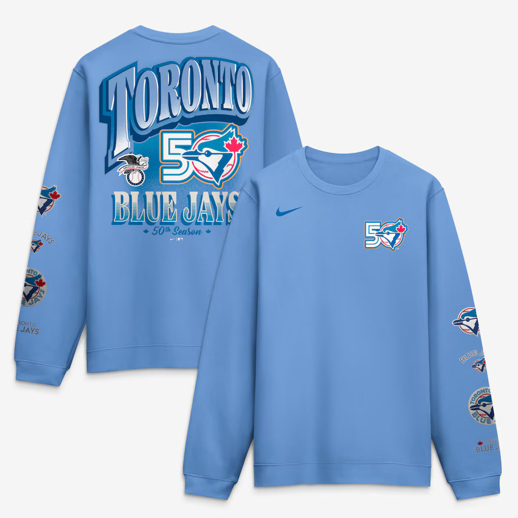 Toronto Blue Jays MLB Nike Men's Light Blue 50th Anniversary Club Crew Sweatshirt