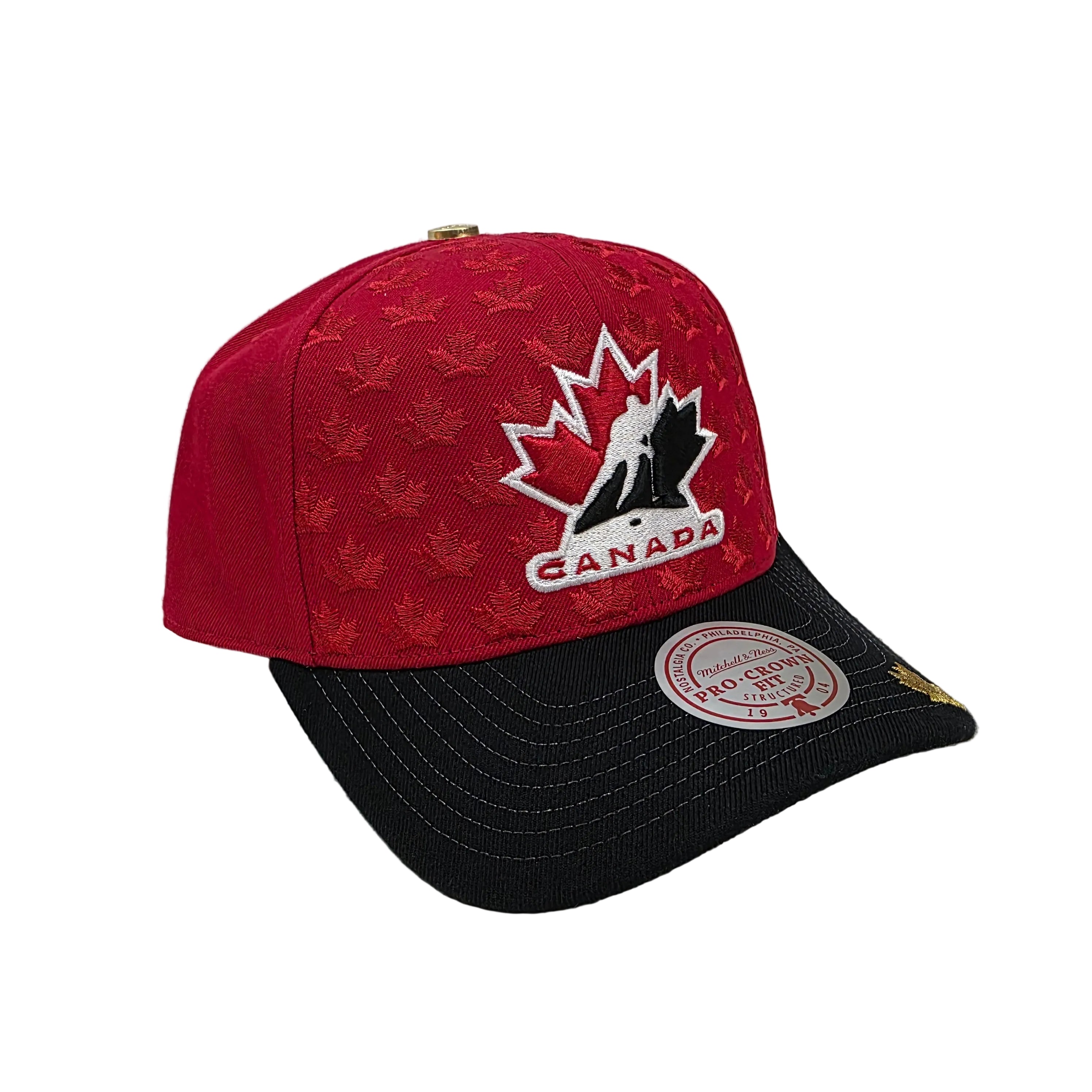 Casquette à visière plate Mitchell & Ness Pro Crown pour homme, rouge et noire, motif feuilles, signée Hockey Canada IIHF