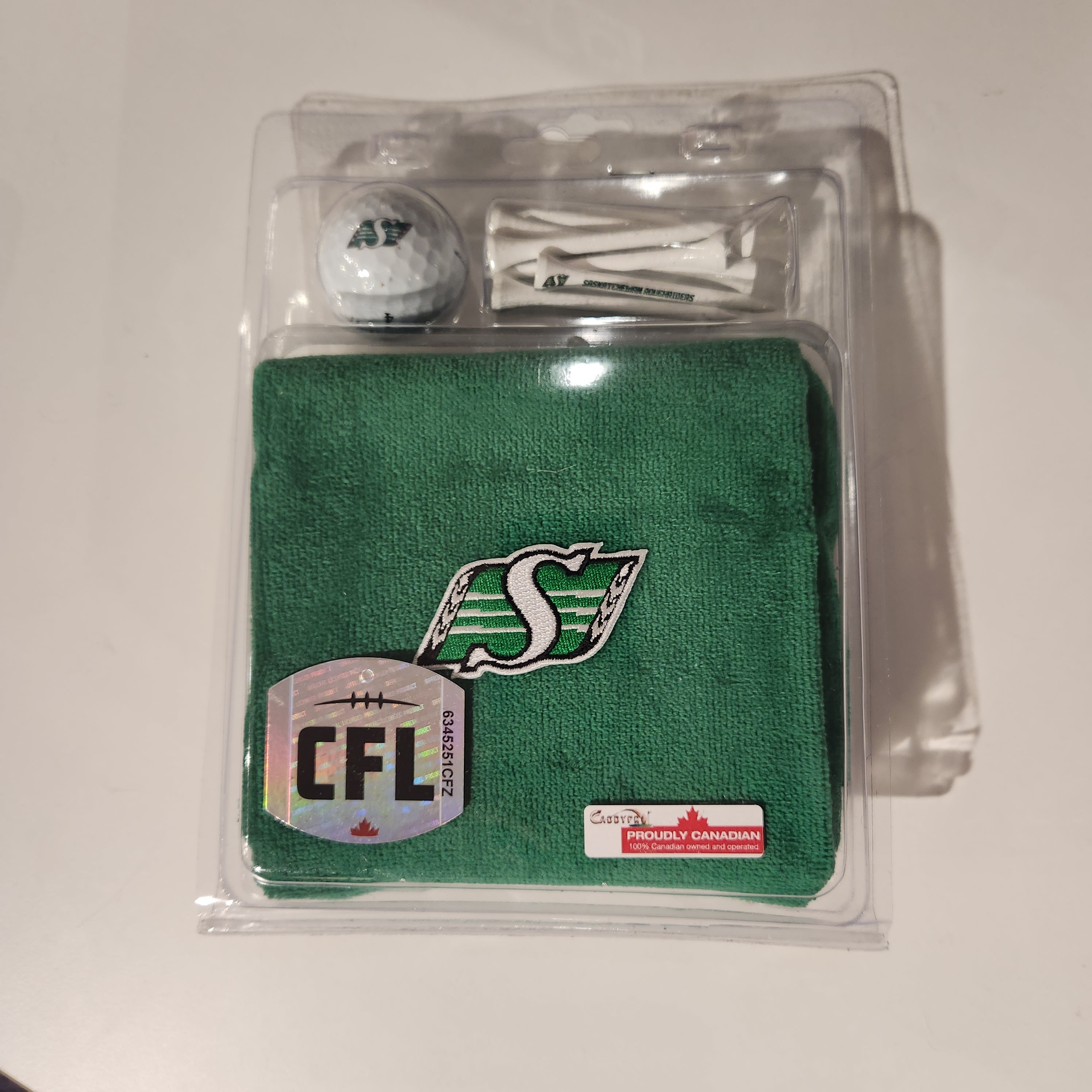 Coffret cadeau avec serviette, ballon et t-shirts des Roughriders de la Saskatchewan CFL