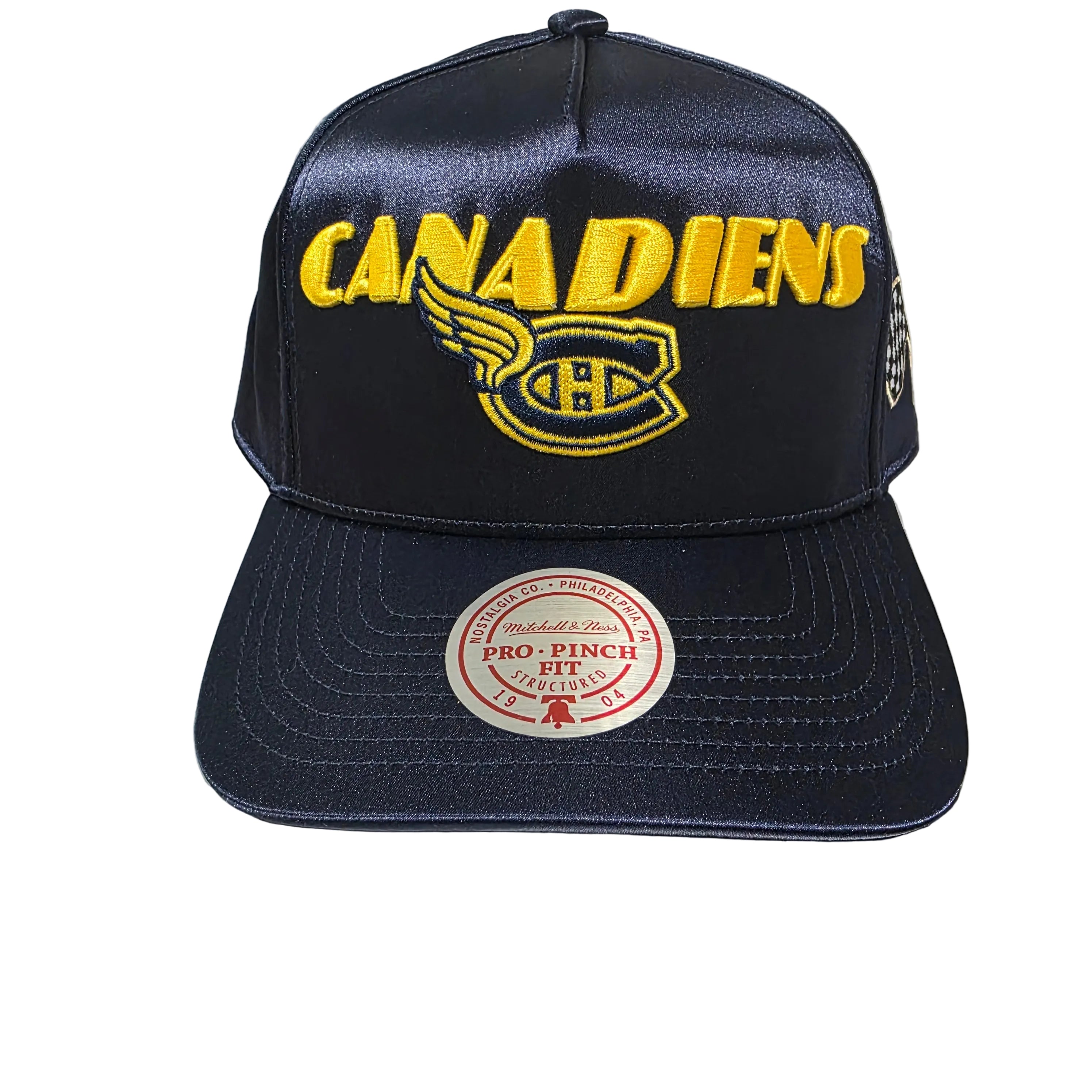 Montreal Canadiens Mitchell & Ness Men's Navy Satin Goodyear Pro Pinch Fit Snapback