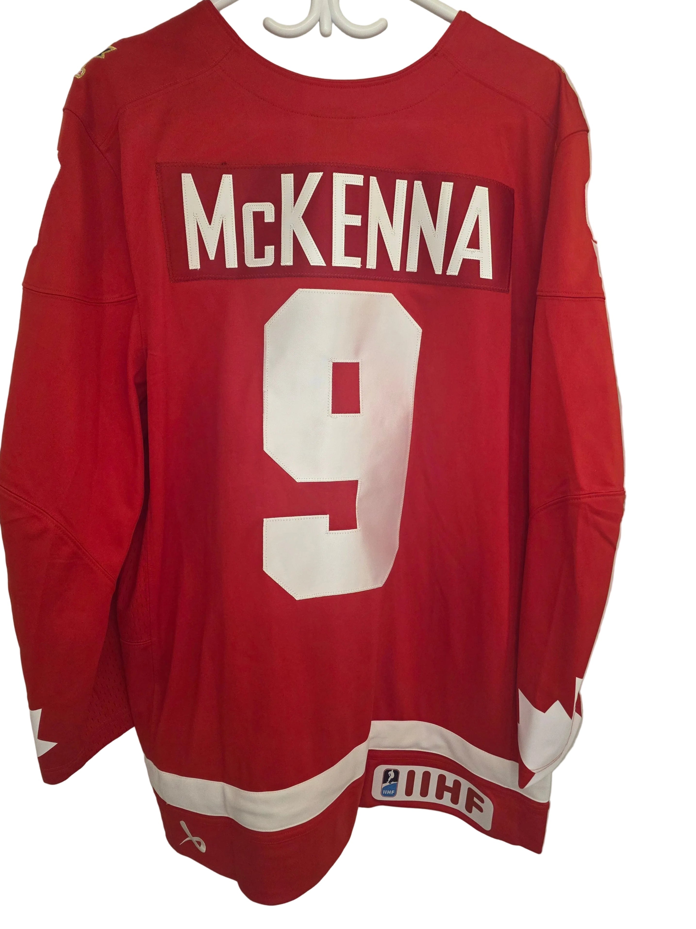 Gavin McKenna Hockey Canada IIHF Bauer Men's Red One Leaf Replica Jersey