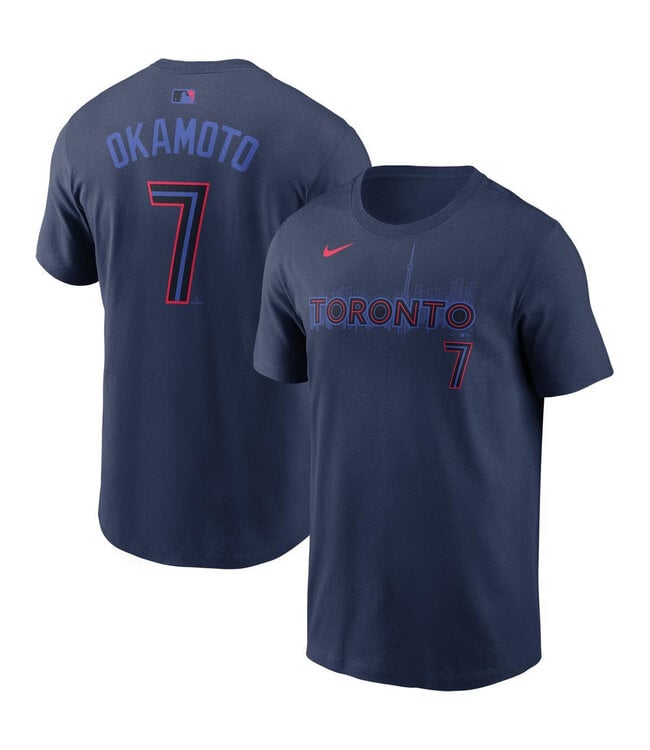 T-shirt Nike City Connect bleu marine 2024 avec nom et numéro de Kazuma Okamoto, Blue Jays de Toronto (MLB).
