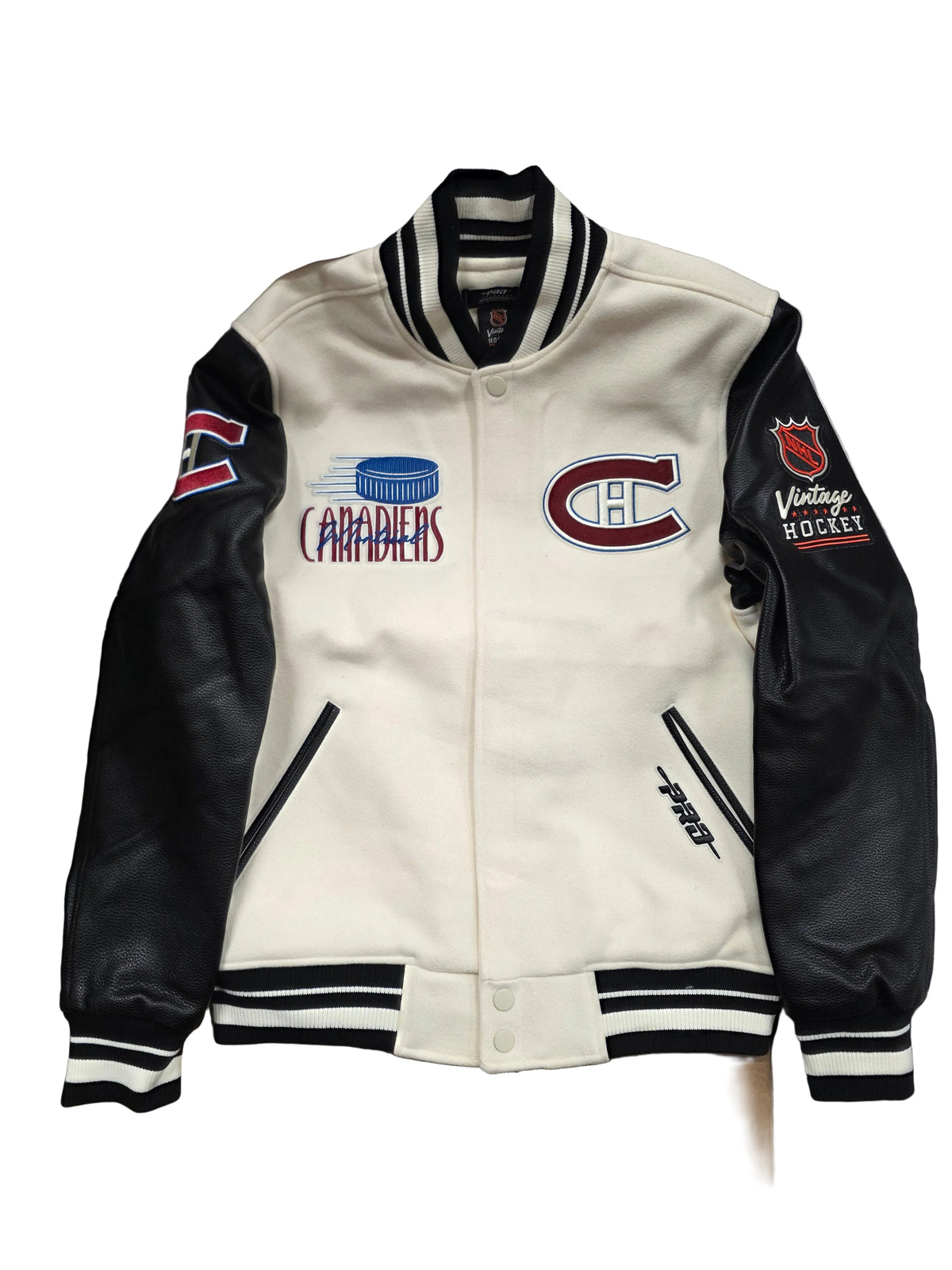 Montreal Canadiens NHL Pro Standard Men's Eggshell/Black Vintage Hockey Rib Wool Varsity Jacket