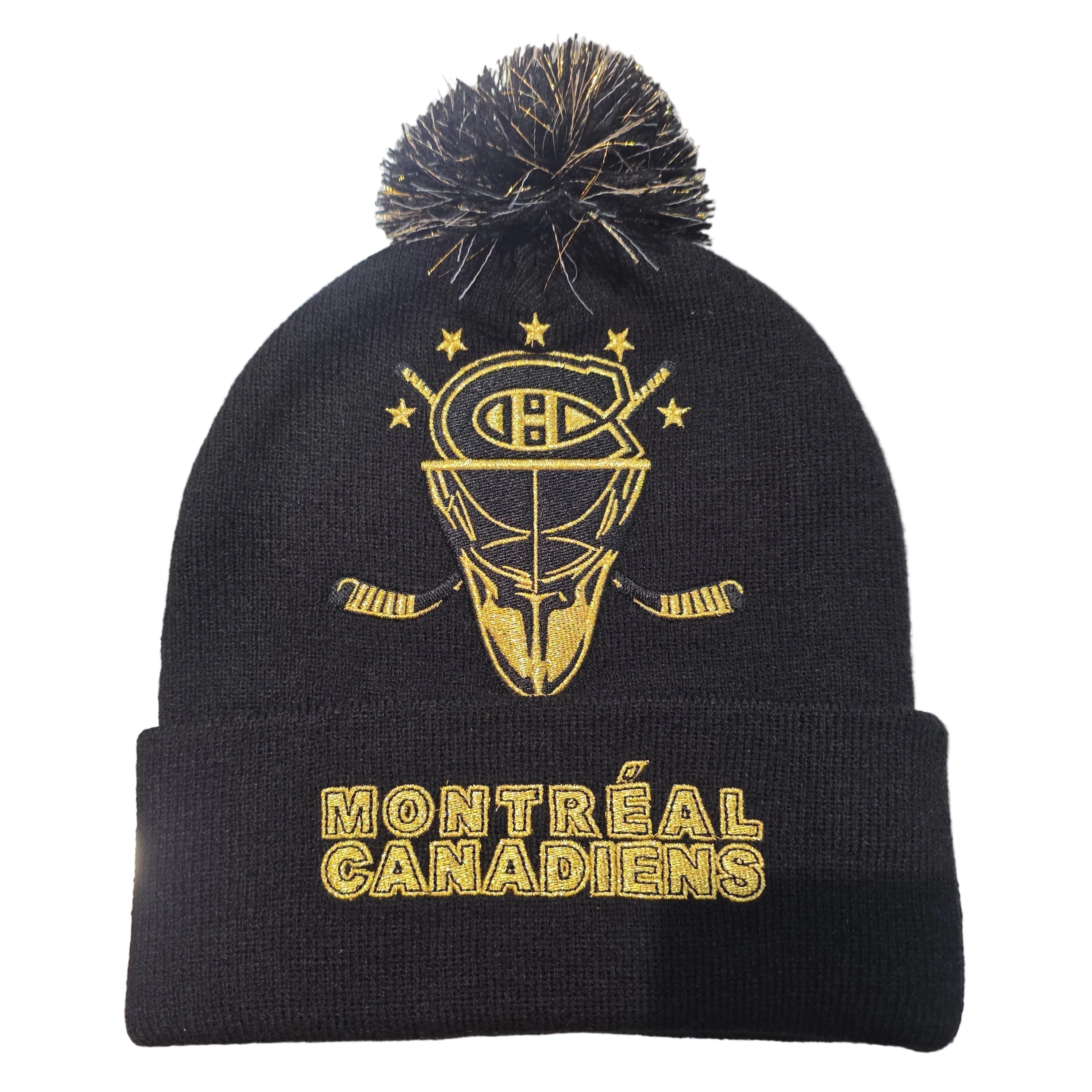 Bonnet à pompon tricoté avec revers et masque de gardien de but doré Mitchell & Ness noir pour homme des Canadiens de Montréal