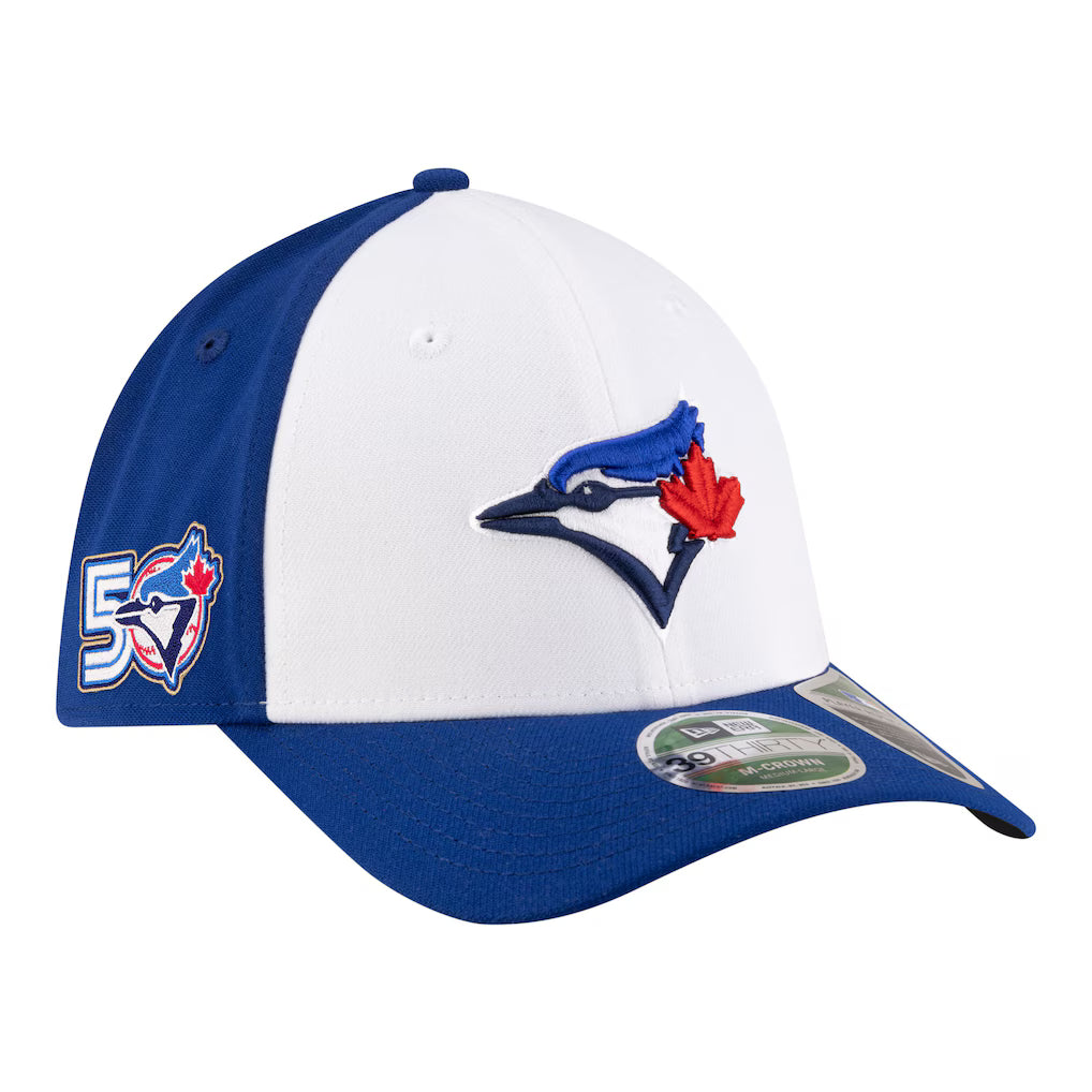 Toronto Blue Jays MLB New Era Men's White/Royal 39Thirty M-Crown 50th Anniversary Player Replica Stretch Fit Hat