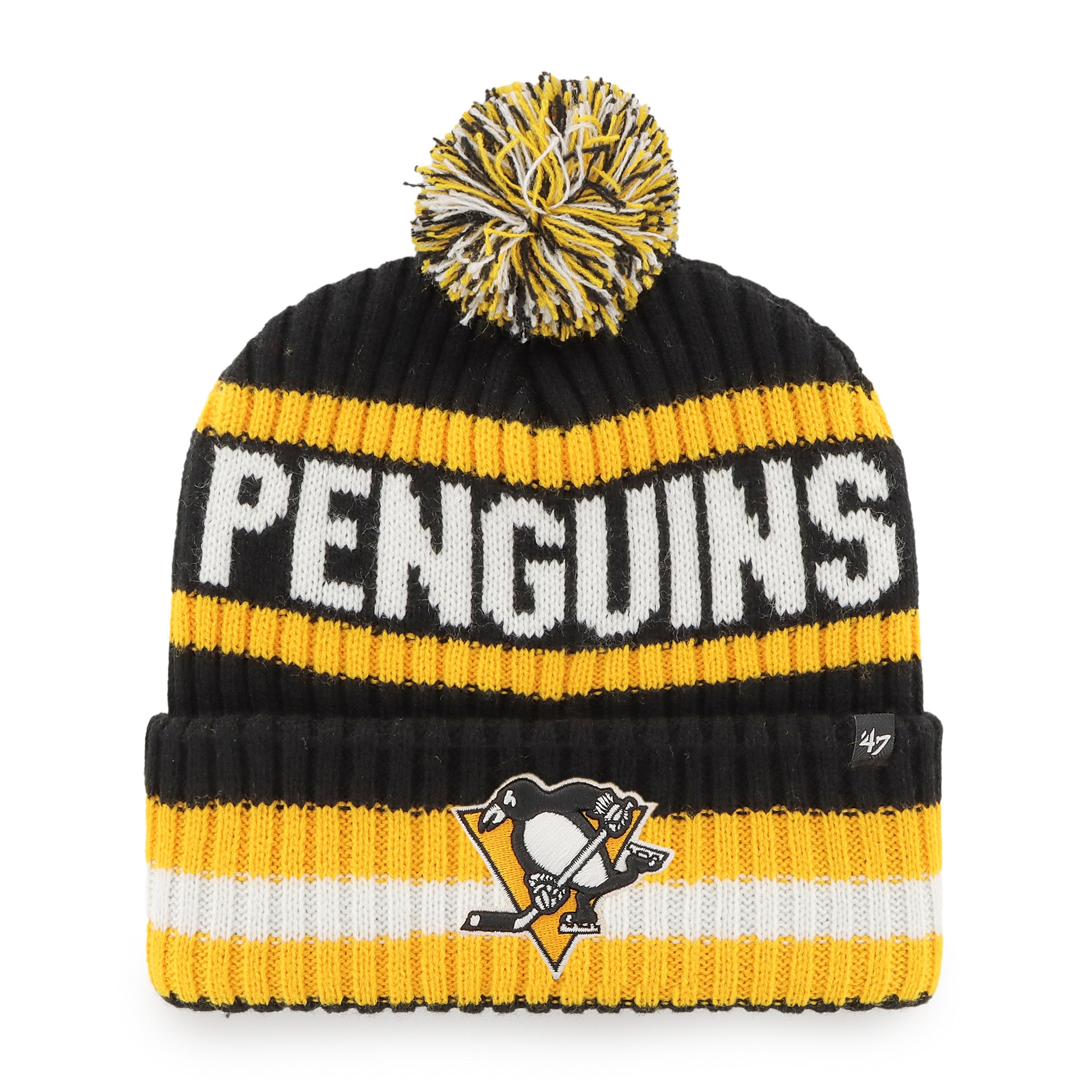 Bonnet en tricot Bering noir/jaune avec pompon 47 Brand des Penguins de Pittsburgh LNH pour hommes