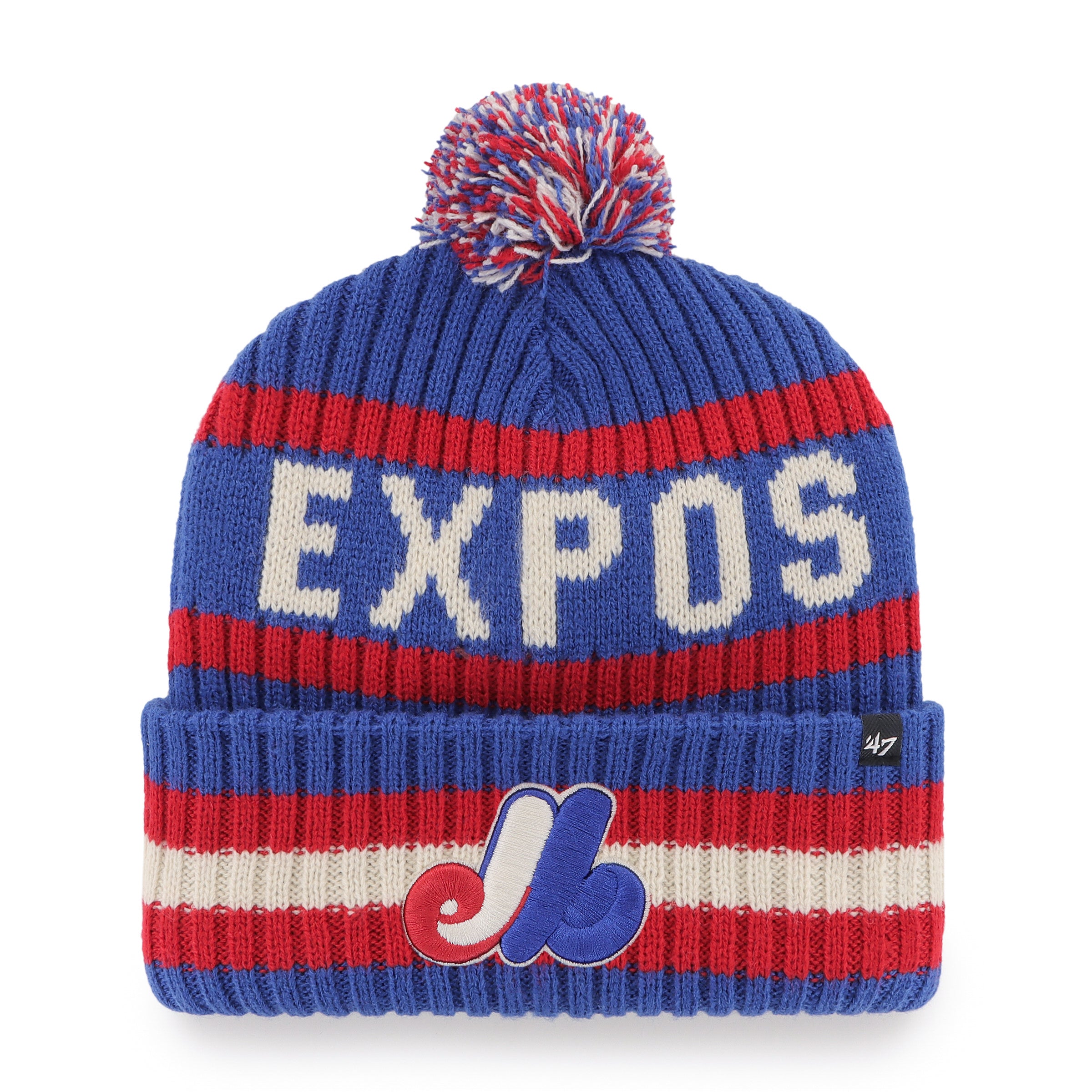 Pull en tricot Bering à revers et pompon pour homme de la marque MLB 47 Brand Expos de Montréal, couleur bleu royal/rouge