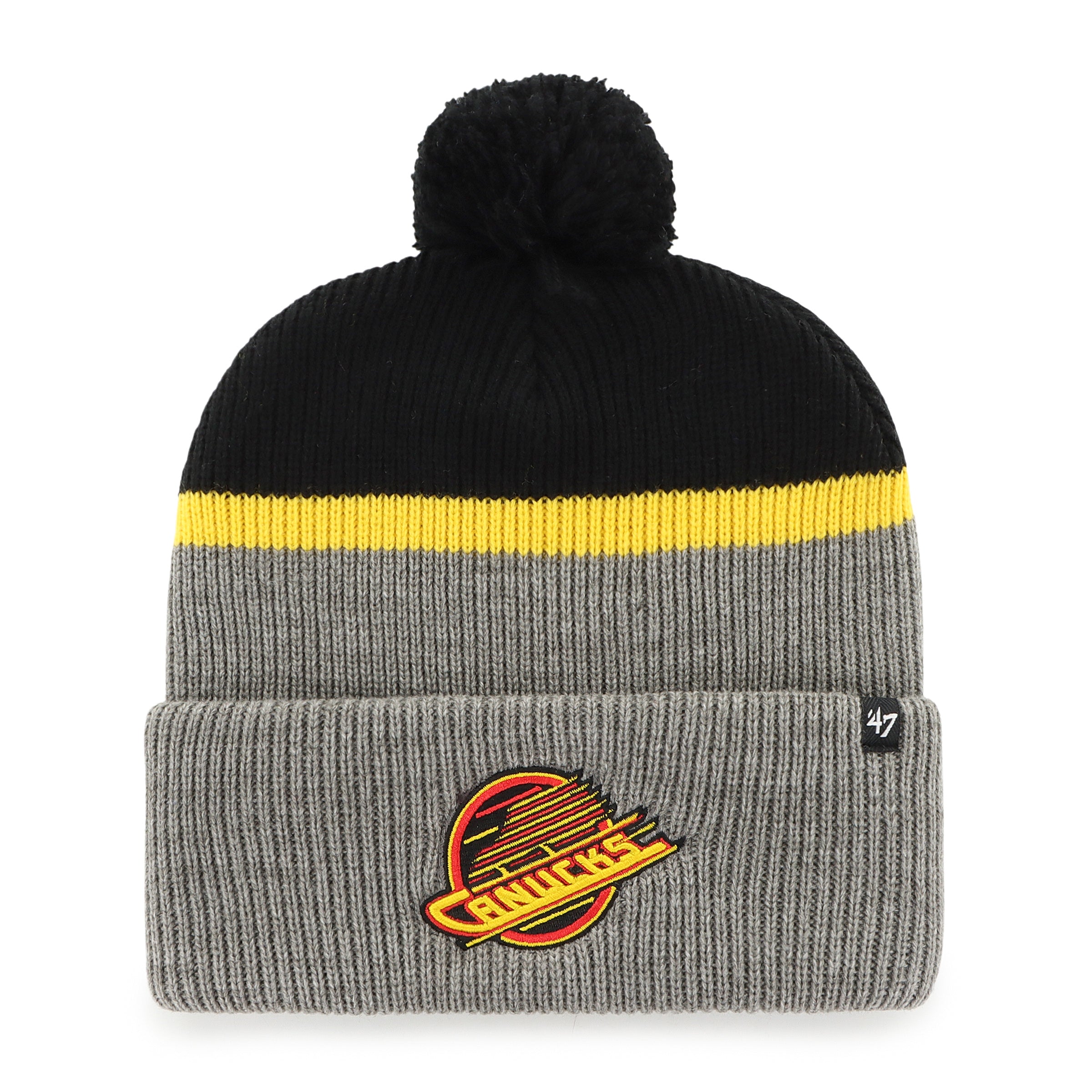Bonnet tricoté à pompon noir/gris pour homme de la marque NHL 47 des Canucks de Vancouver