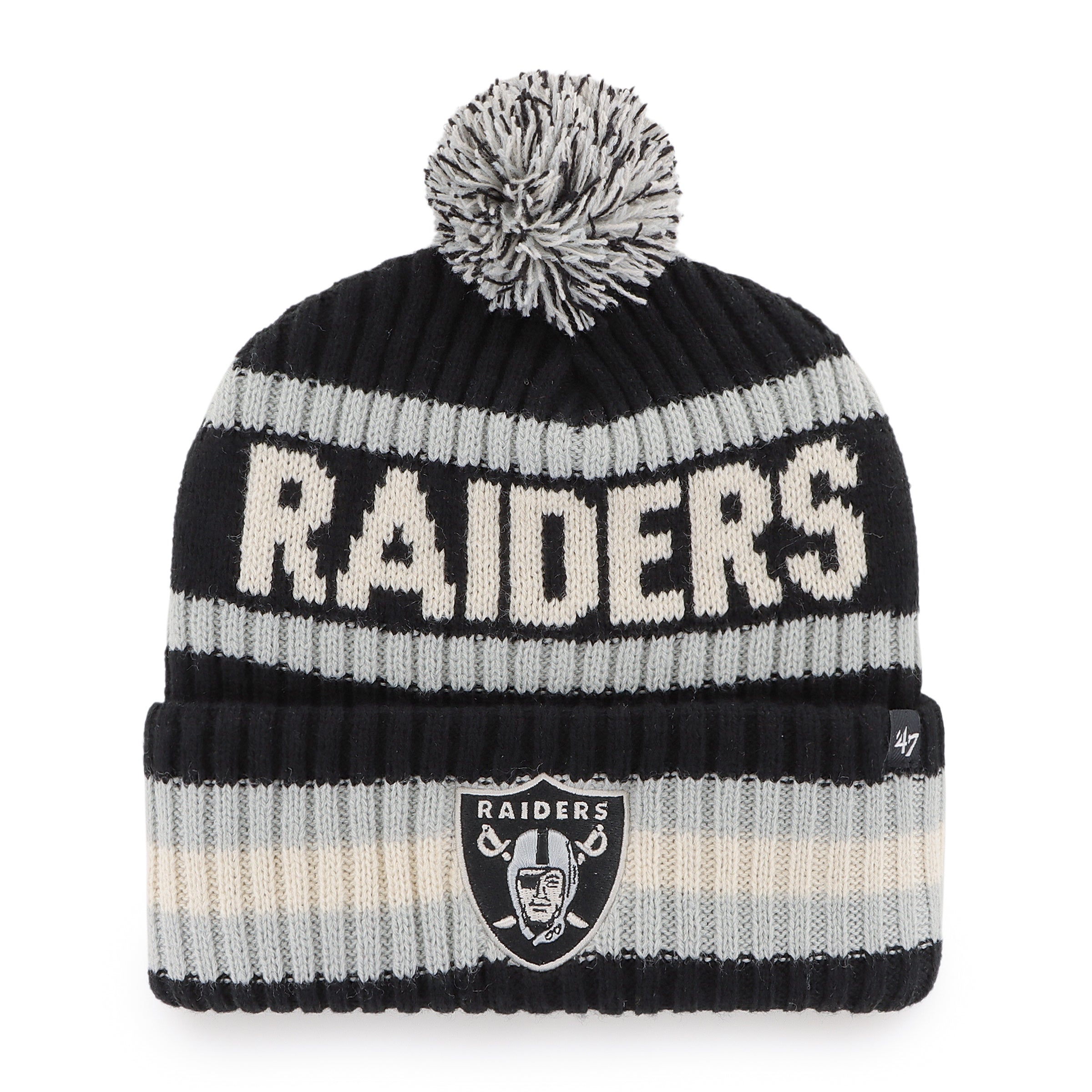 Las Vegas Raiders NFL 47 Brand Men's Black/Grey Bering Cuff Pom Knit