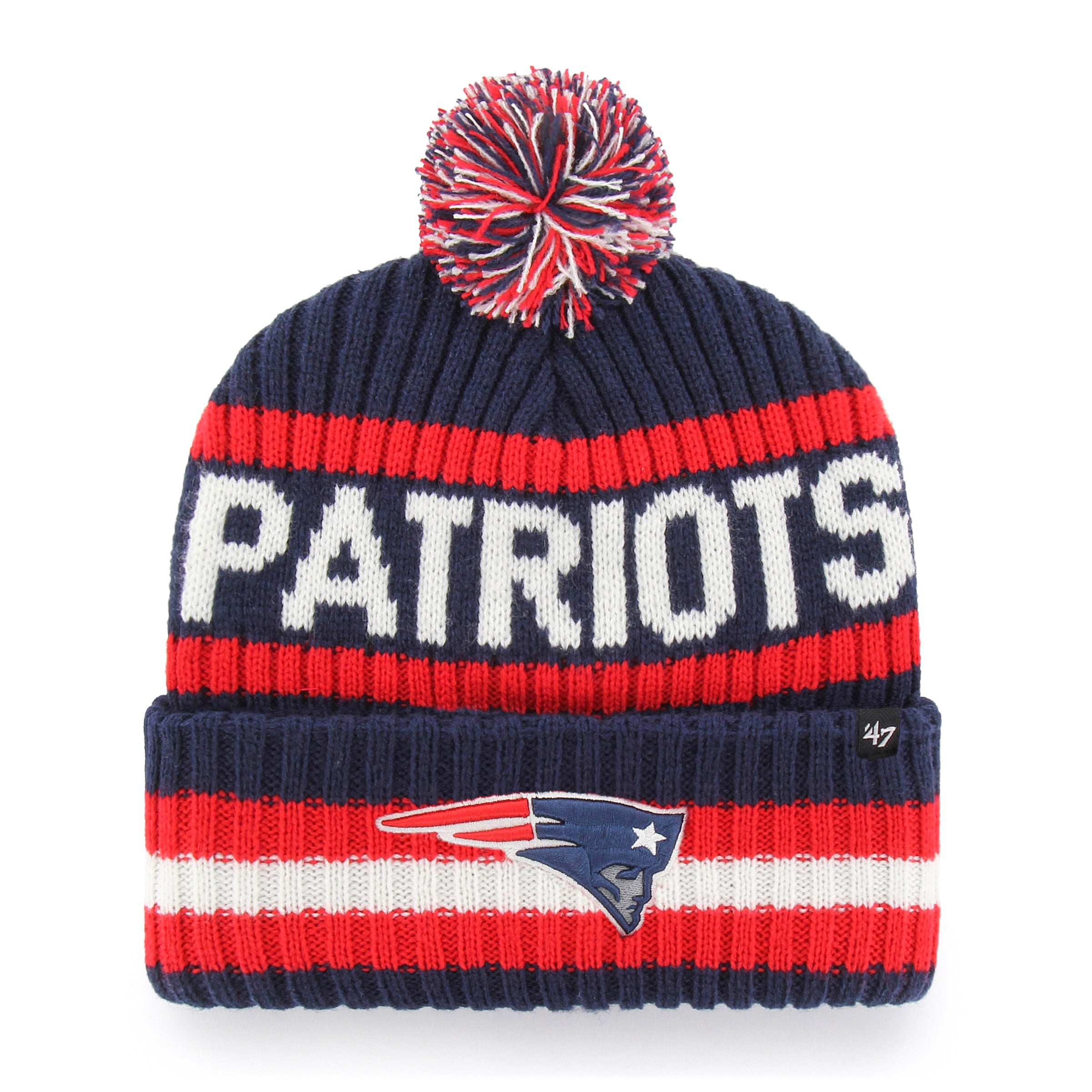 New England Patriots NFL 47 Brand Men's Navy/Red Bering Cuff Pom Knit
