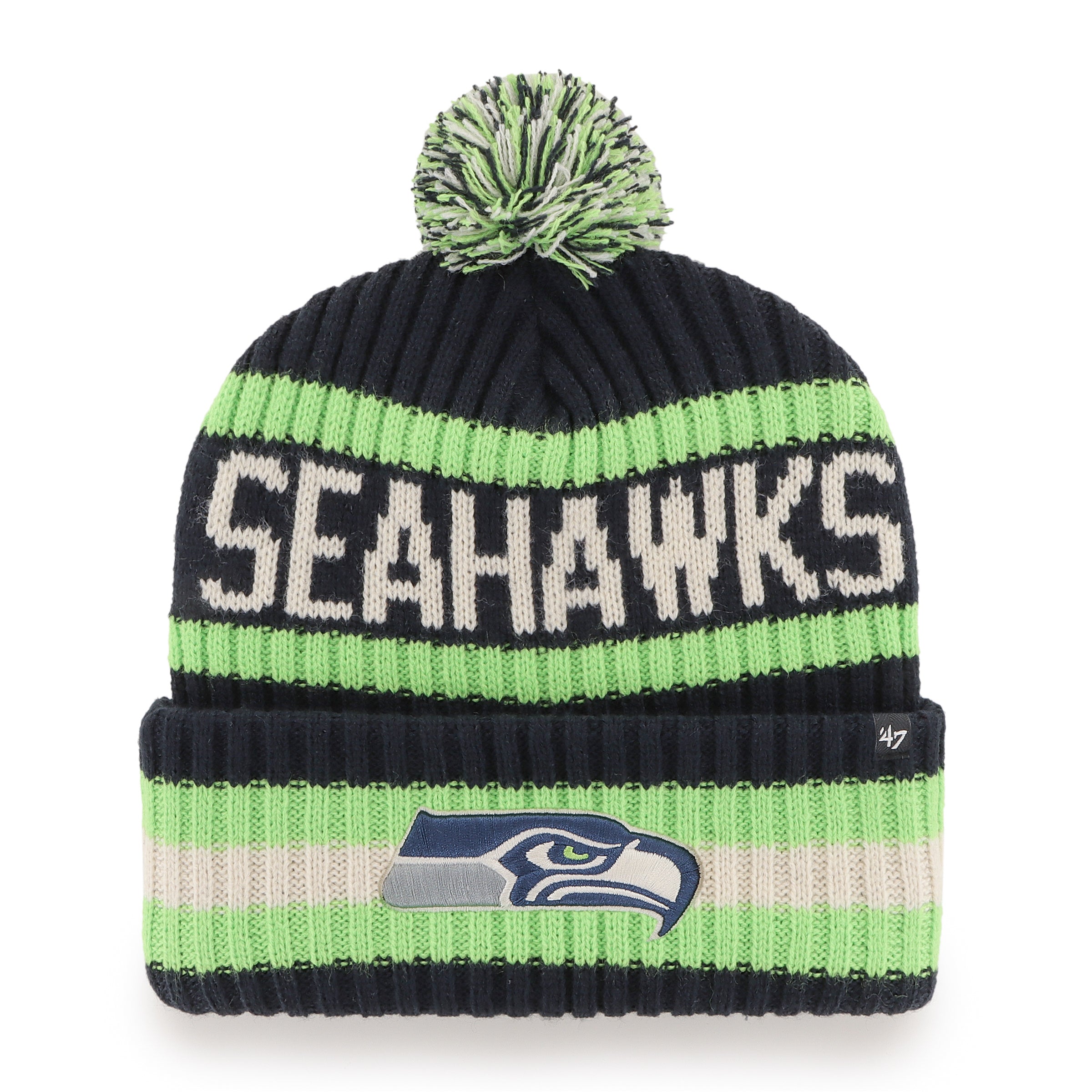 Seattle Seahawks NFL 47 Brand Men's Navy Bering Cuff Pom Knit