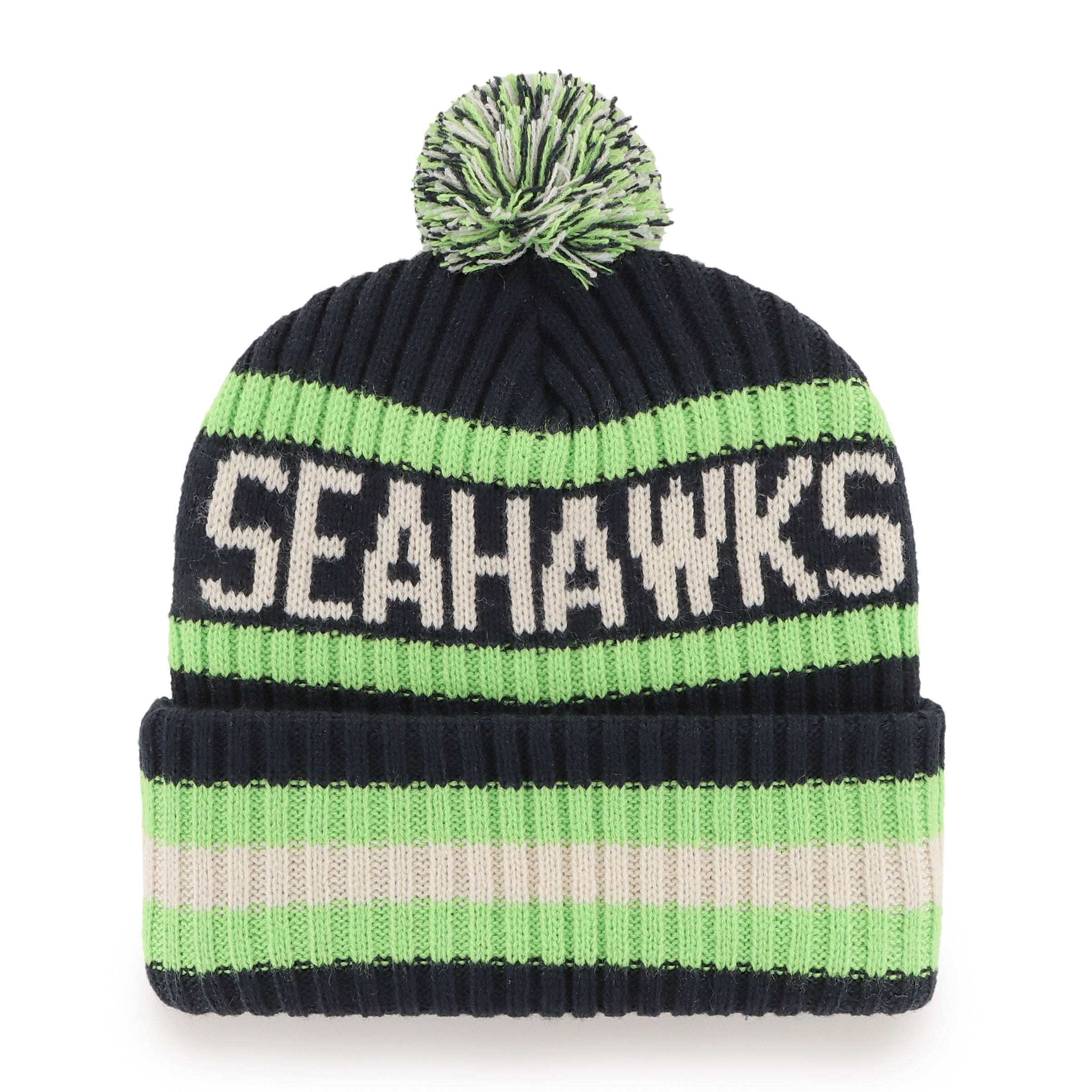 Seattle Seahawks NFL 47 Brand Men's Navy Bering Cuff Pom Knit