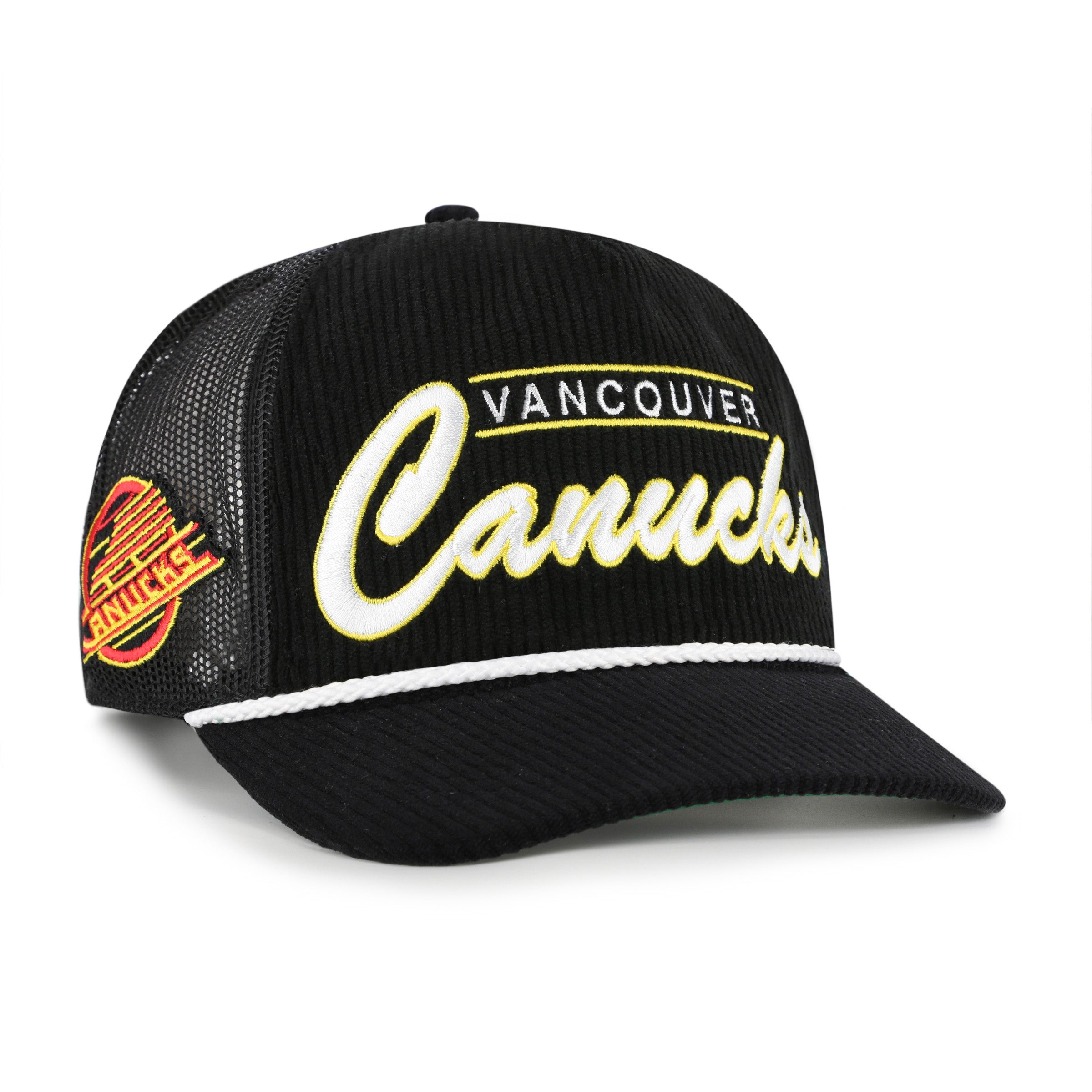 Vancouver Canucks NHL 47 Brand Men's Black Double Header Mesh Hitch Snapback