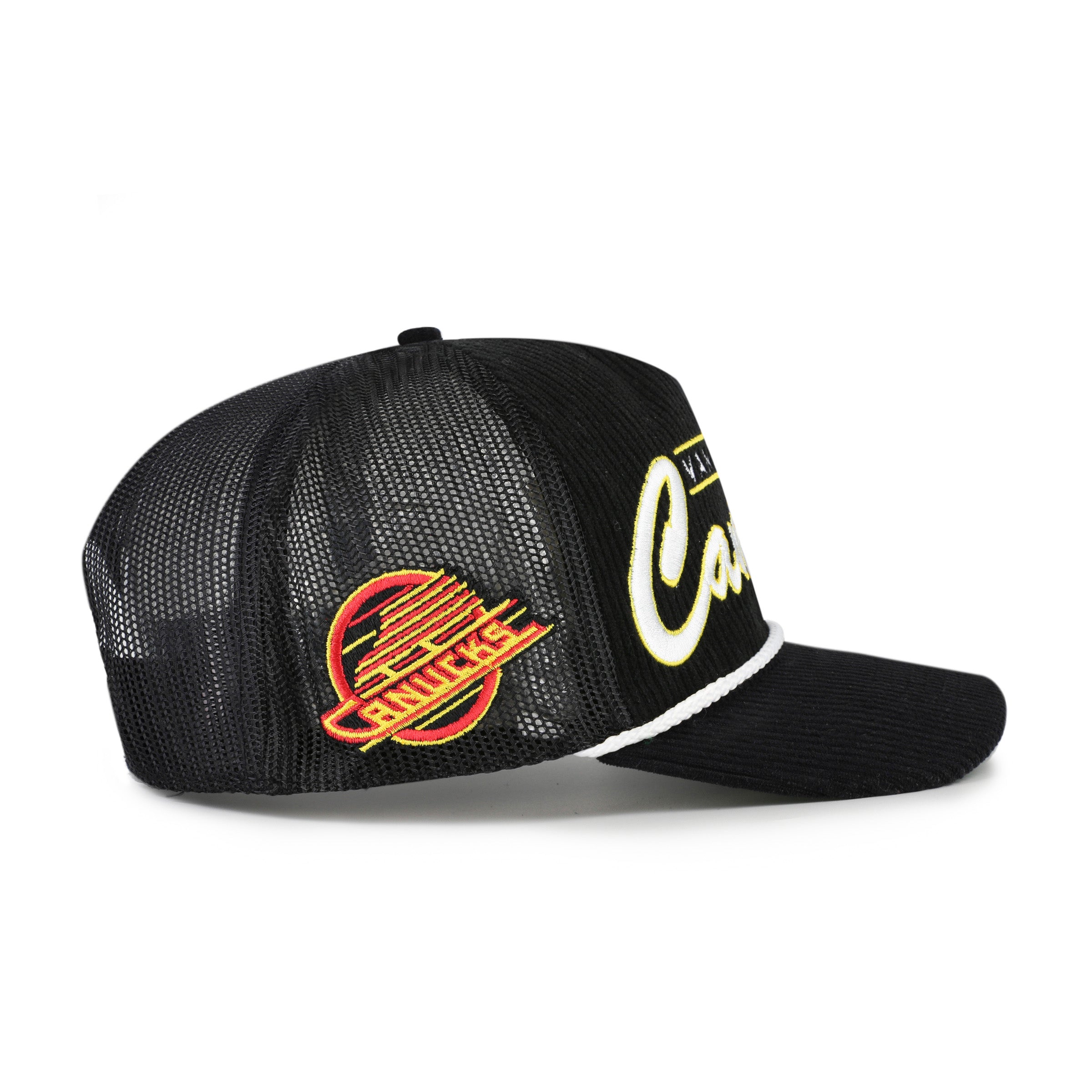 Vancouver Canucks NHL 47 Brand Men's Black Double Header Mesh Hitch Snapback