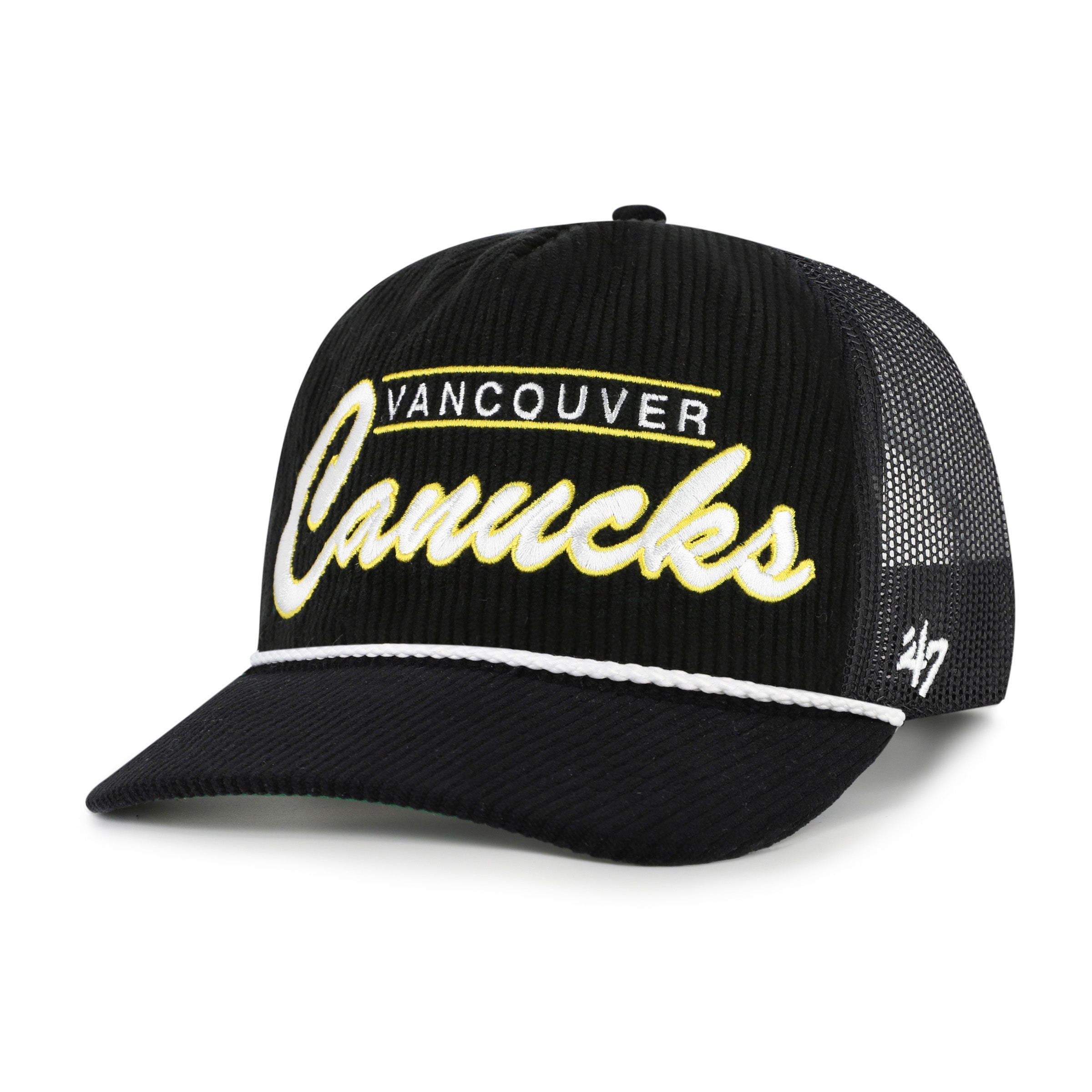 Vancouver Canucks NHL 47 Brand Men's Black Double Header Mesh Hitch Snapback