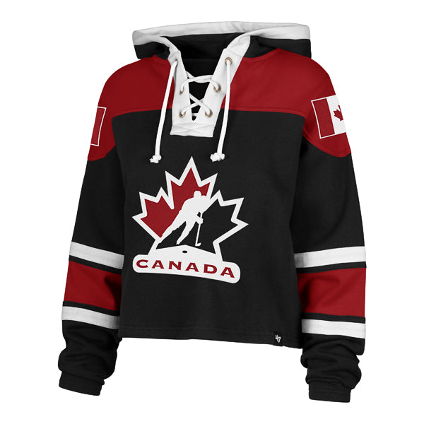 Sweat à capuche court rouge à lacets de qualité supérieure pour femmes, marque Hockey Canada IIHF 47