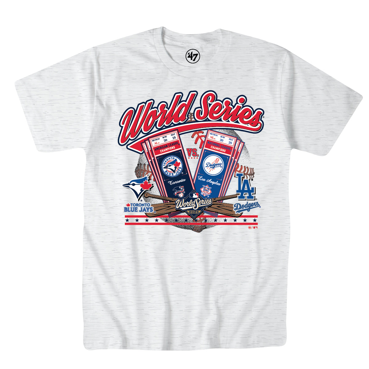 Toronto Blue Jays Vs Los Angeles Dodgers MLB 47 Brand Men's Grey 2025 World Series Dueling T-Shirt