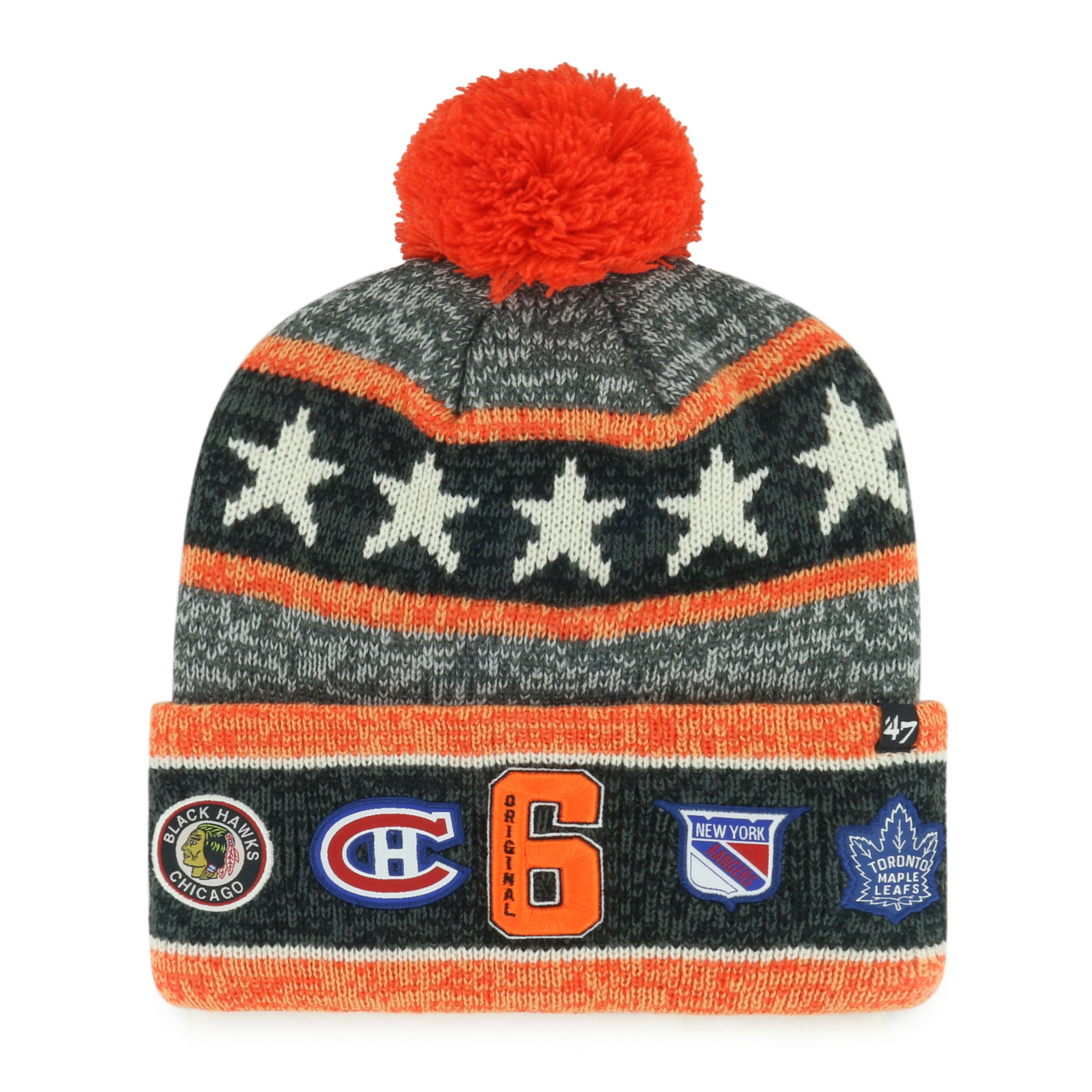 Original Six NHL 47 Brand Men's Grey/Orange Blizzard Cuff Pom Knit Hat