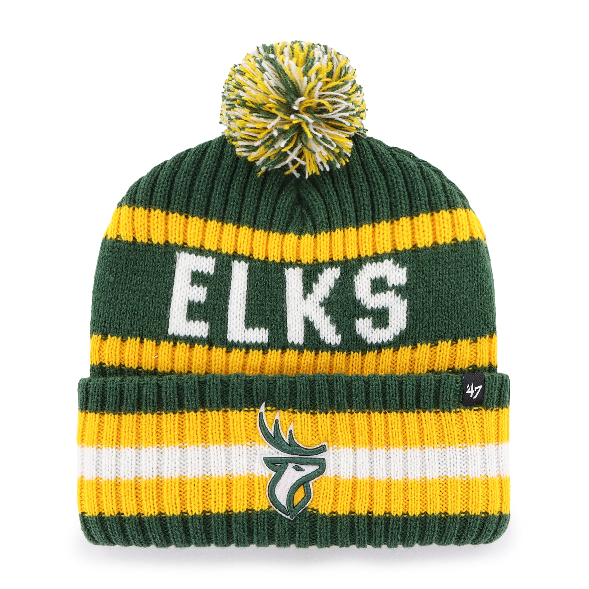Bonnet tricoté à pompon Bering vert/jaune pour homme de la marque CFL 47 des Elks d'Edmonton