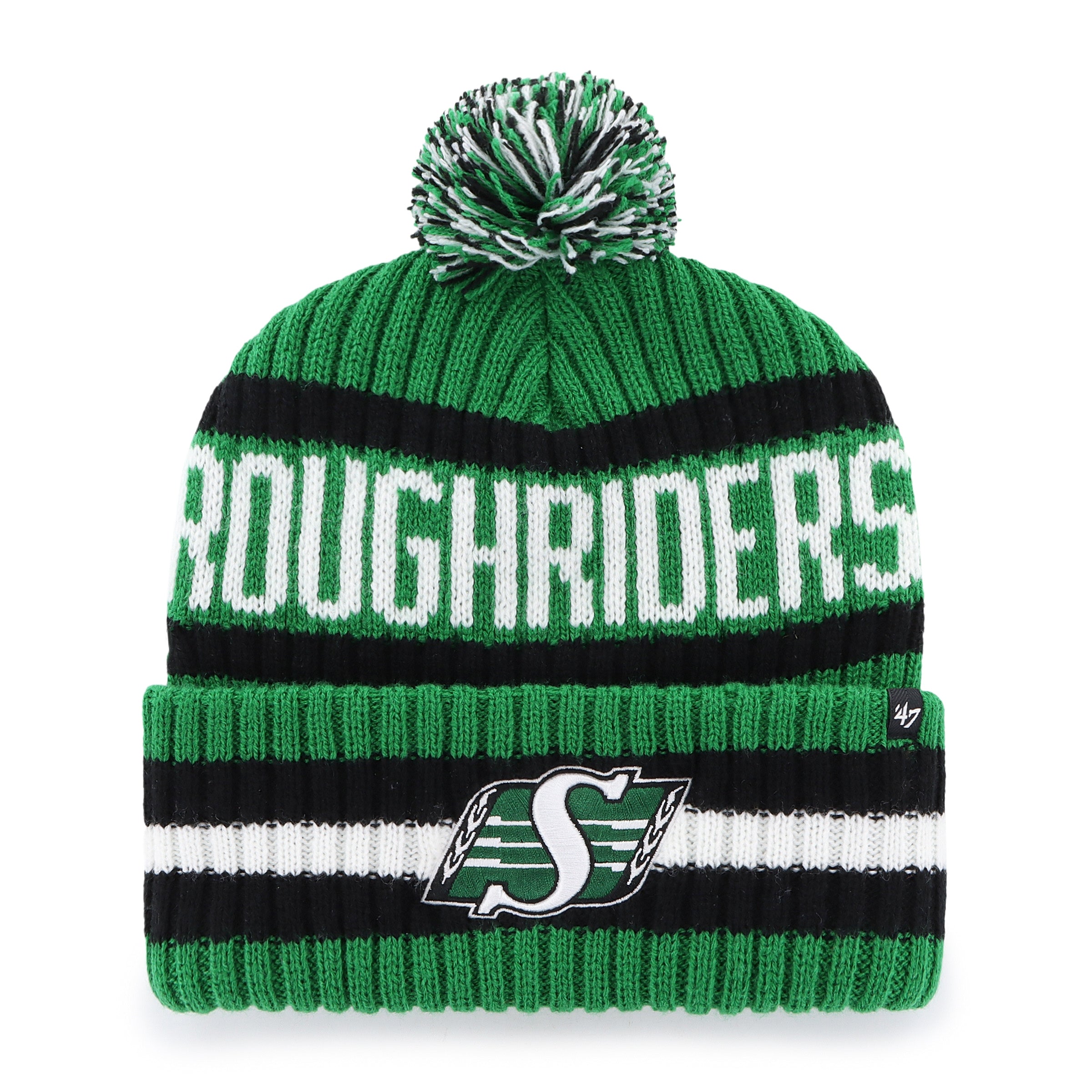 Saskatchewan Roughriders CFL 47 Brand Men's Green/Black Bering Cuff Pom Knit