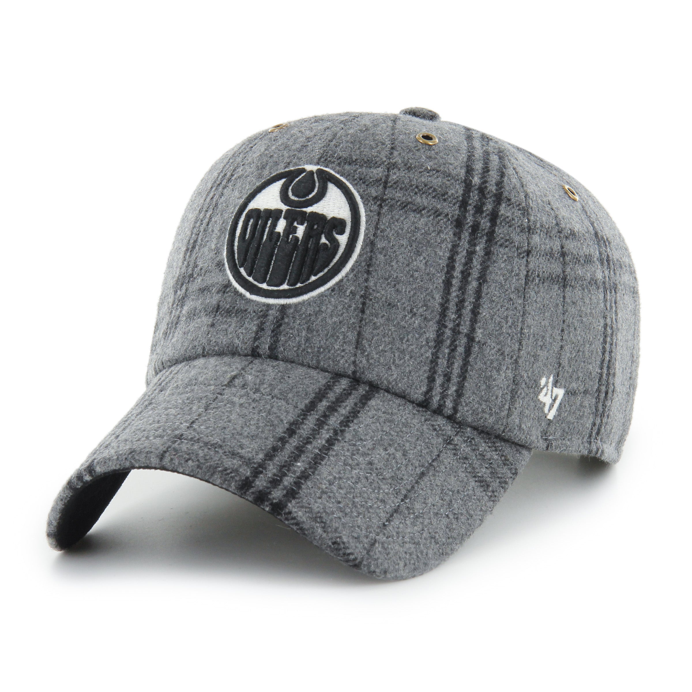 Casquette ajustable Edmonton Oilers NHL 47 Brand pour homme, à carreaux gris et noirs.