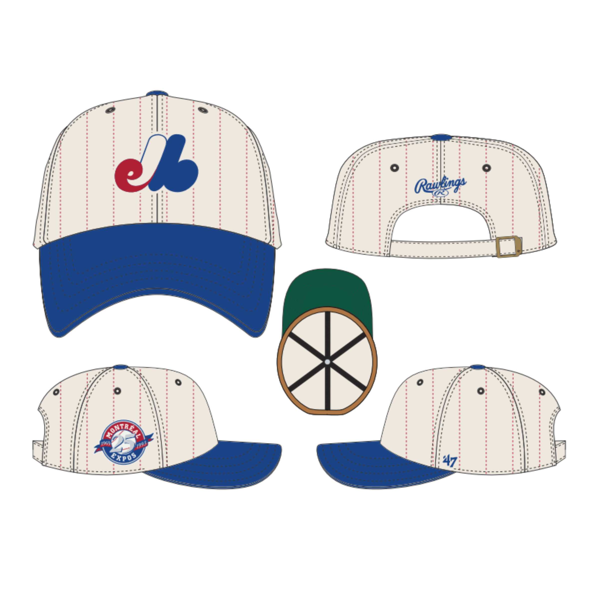 Montreal Expos MLB 47 Brand Men's Beige Rawlings Pinstripe Clean Up Adjustable Hat