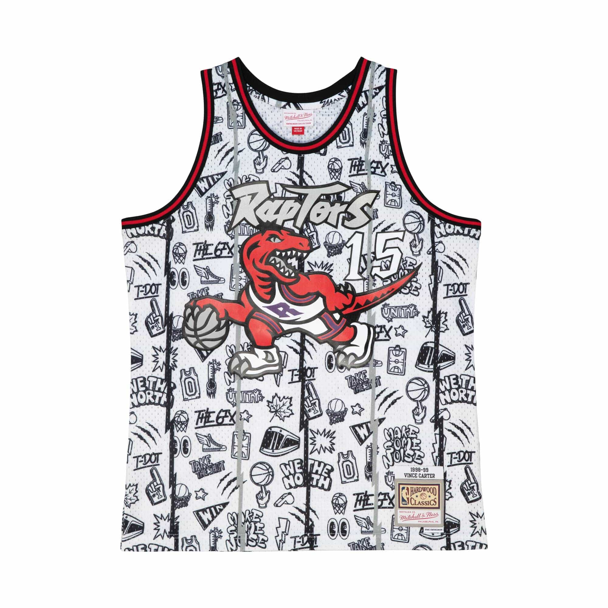 Vince Carter Toronto Raptors NBA Mitchell & Ness Men's White 1998-99 Hardwood Classics Doodle Swingman Jersey
