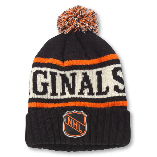 Bonnet tricoté noir Original Six NHL American Needle pour homme avec pompon et ligne d'oreiller