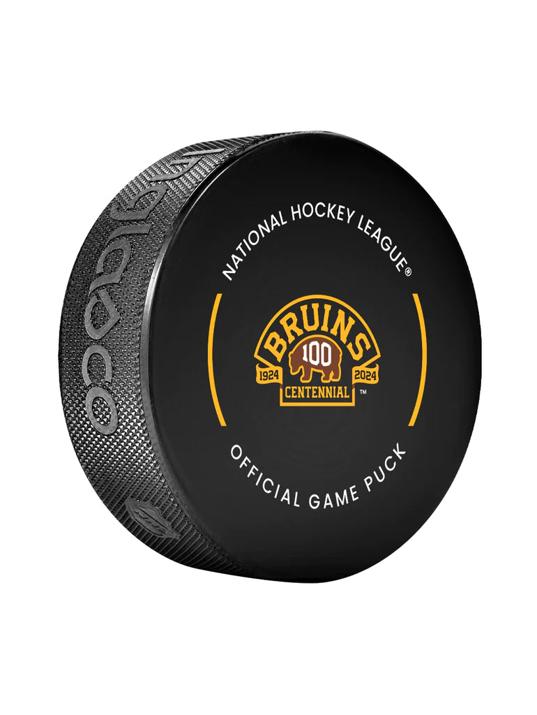 Rondelle de hockey sous licence officielle des Bruins de Boston NHL Inglasco 100e anniversaire 2023-24