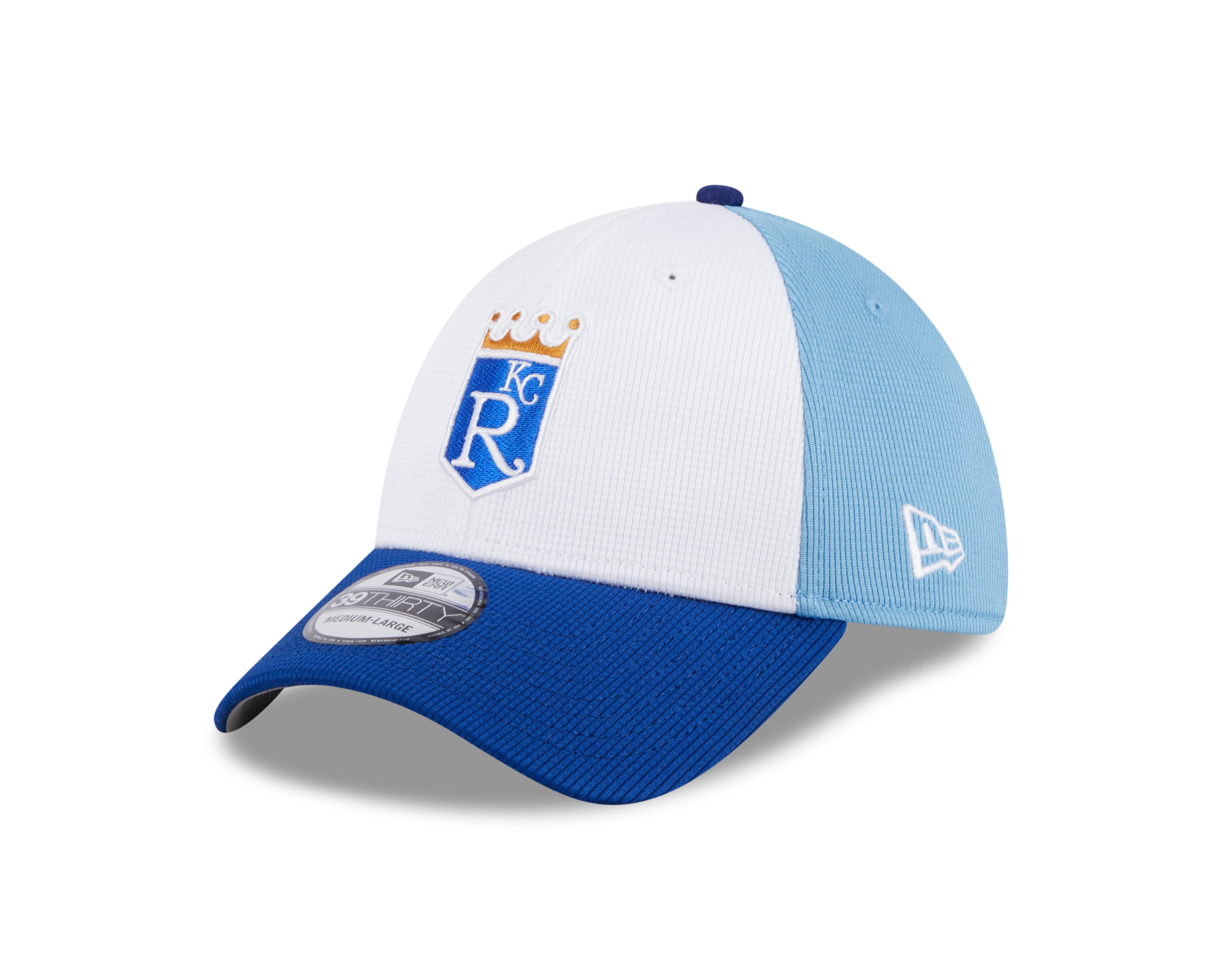 Casquette extensible pour entraînement au bâton 39Thirty 2024 New Era des Kansas City Royals MLB New Era pour hommes, blanc/bleu clair