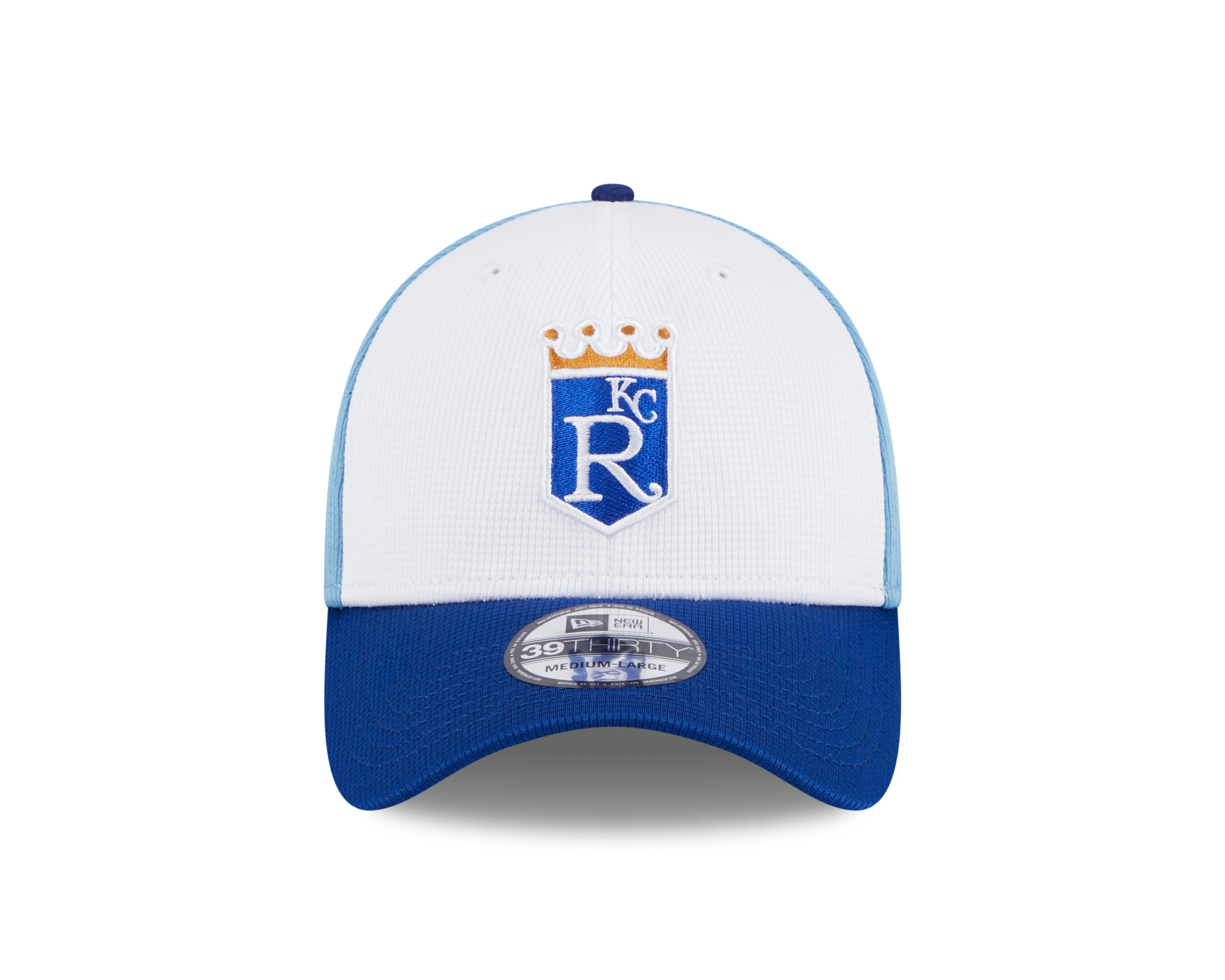 Kansas City Royals MLB New Era Men's White/Light Blue 39Thirty 2024 Batting Practice Stretch Fit Hat