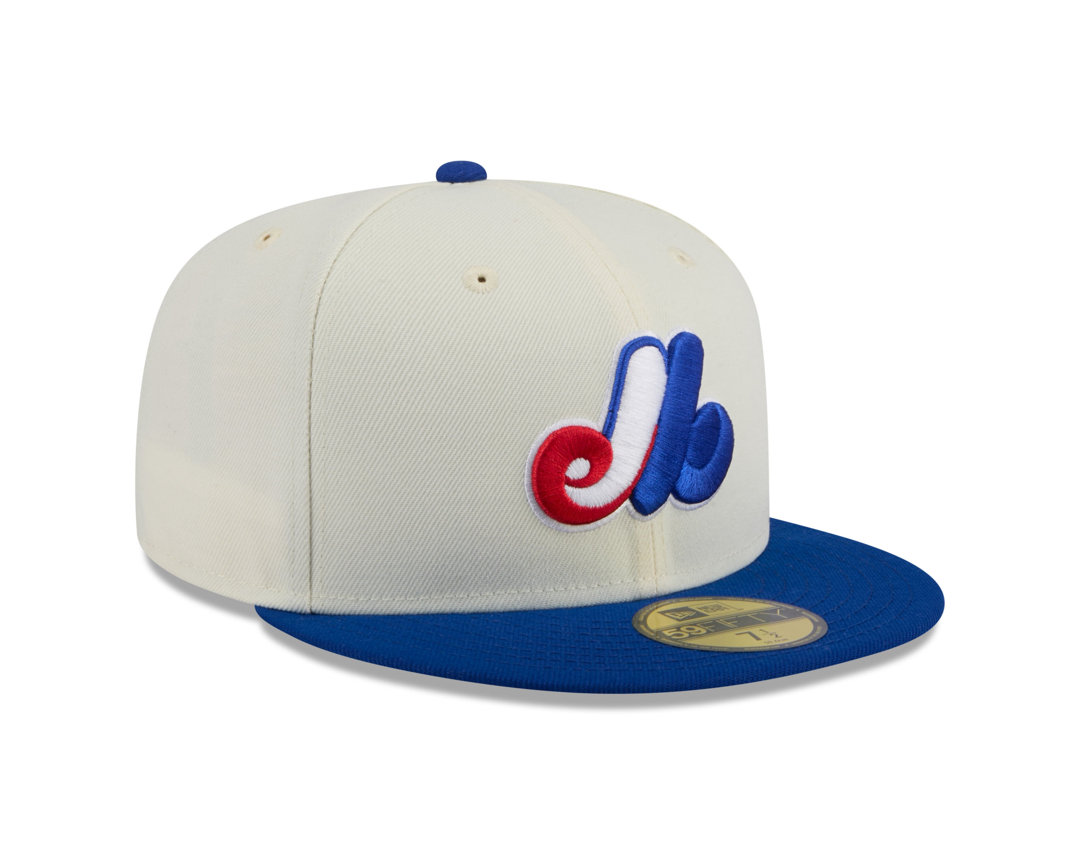 Casquette ajustée 59Fifty Evergreen MLB New Era pour homme des Expos de Montréal, blanc cassé/bleu roi